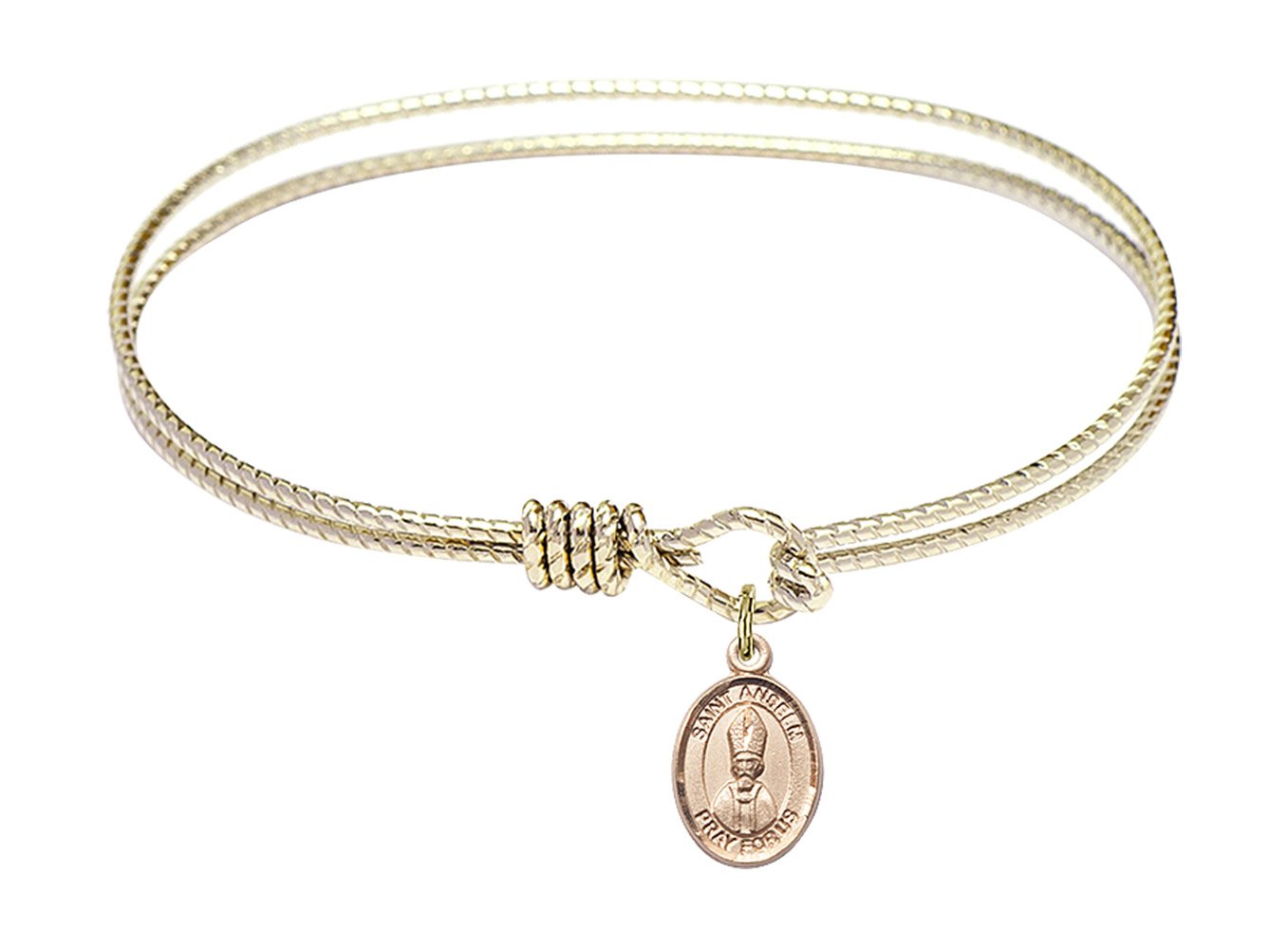 Gold-Filled Oval Eye Hook Bangle Bracelet with St. Anselm of Canterbury Charm - Elegant Religious Jewelry for Women, Perfect for Church, Weddings & Special Occasions