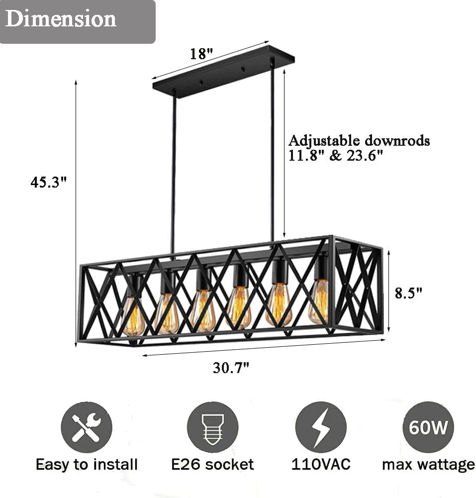 6-Light Modern Farmhouse Chandelier - Industrial Black Rectangular Pendant Light Fixture for Dining Room, Kitchen, Living Room & Bar | Rustic Ceiling Lighting for Home Decor & Commercial Spaces