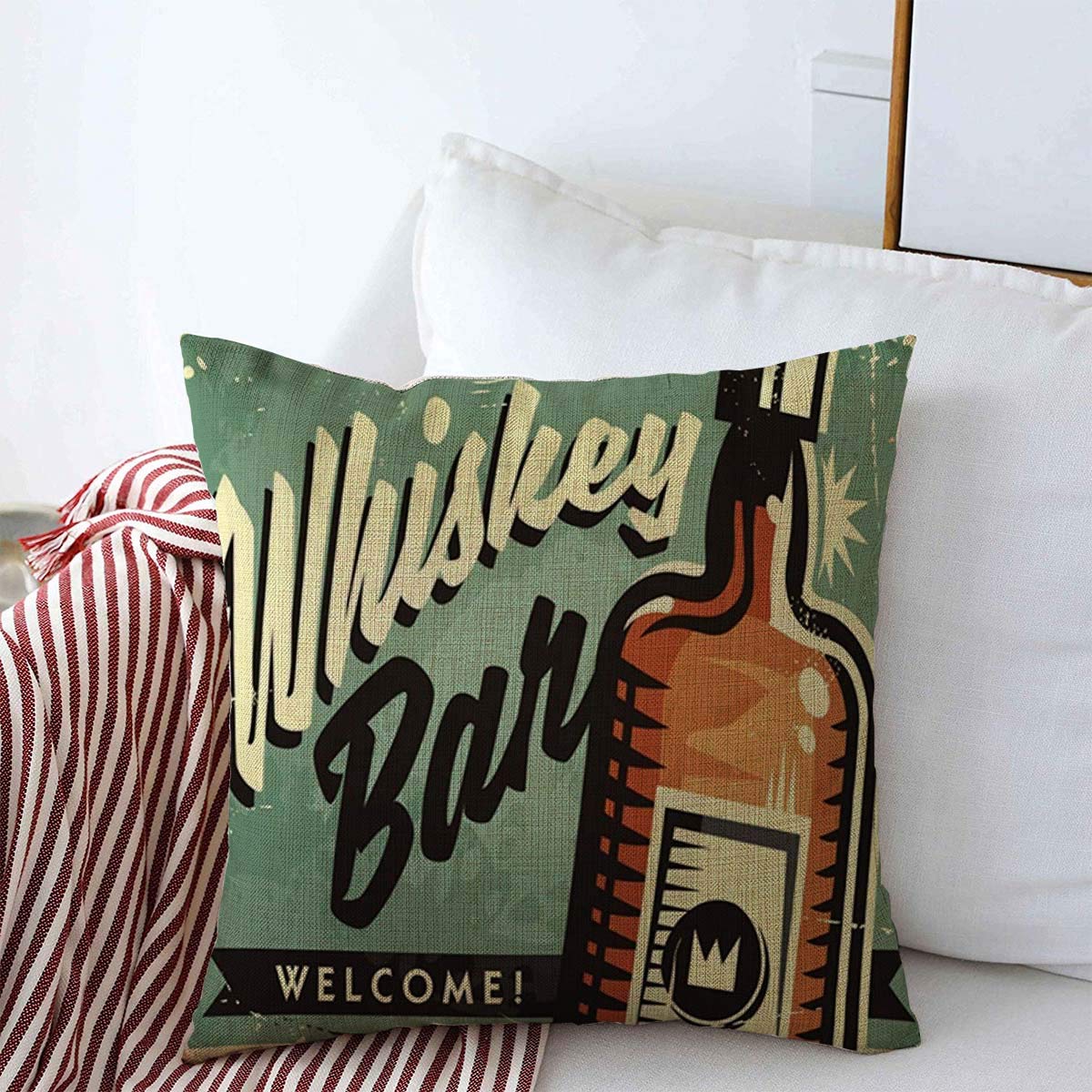 18x18 Inch Vintage Whiskey Bar Throw Pillow Cover - Cotton Linen Bourbon Pub Decor for Home, Living Room & Man Cave - Retro Americana Cushion Case for Fall & Winter Home Decor