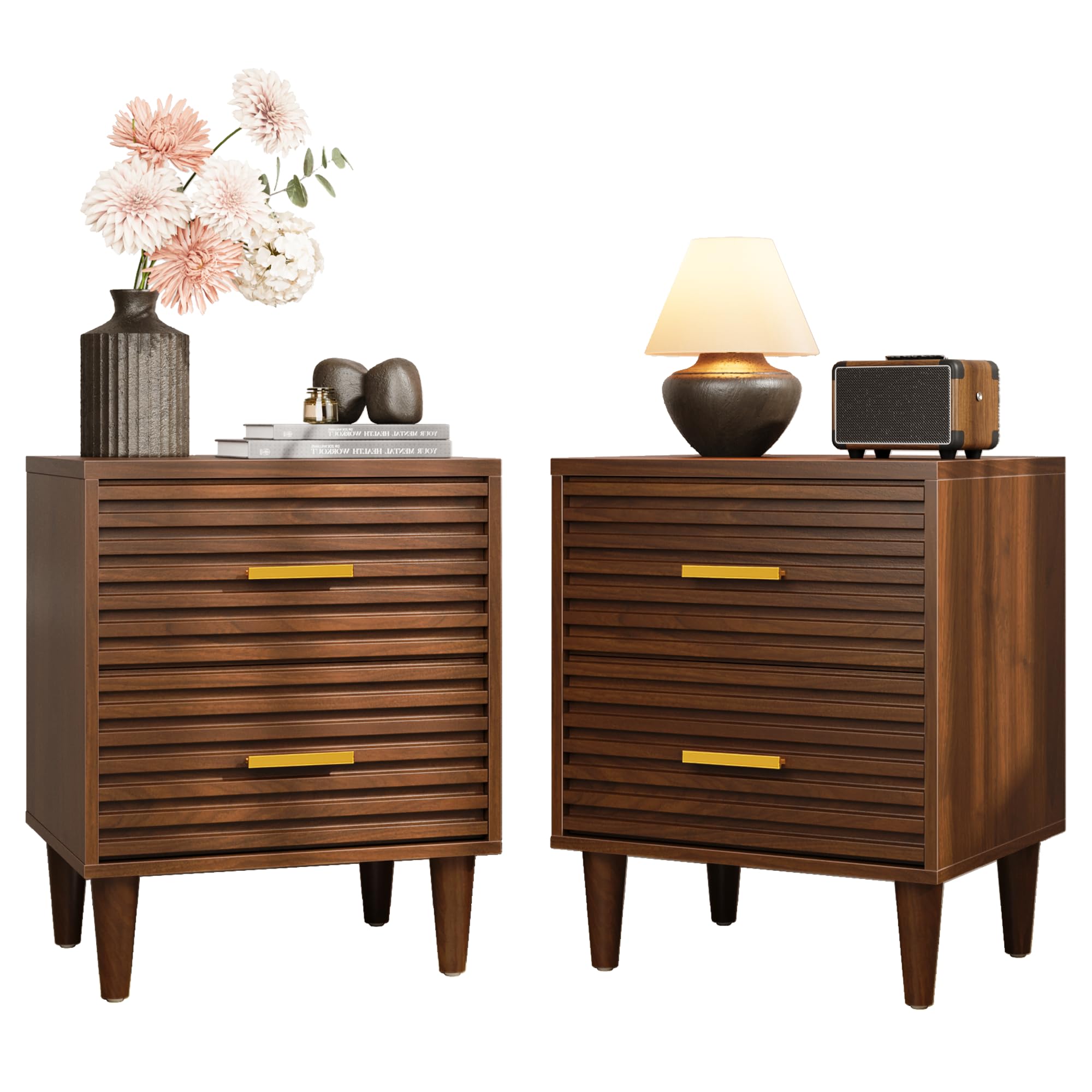 Alohappy Mid Century Modern Nightstands Set of 2 - Fluted Wood Bedside Tables with Storage Drawers for Bedroom - Vintage Brown Accent End Tables for Living Room - Perfect for Small Spaces & Guest Rooms
