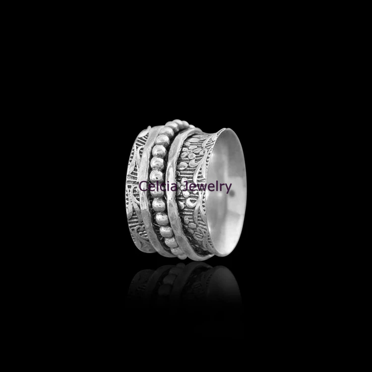 925 Sterling Silver Spinner Ring for Anxiety Relief - Handmade Meditation & Fidget Jewelry for Women & Men - Worry Thumb Band with Floral Design - Perfect Anniversary Gift (US Size 7) | Stress Relief, Office Focus, Mindfulness Practice
