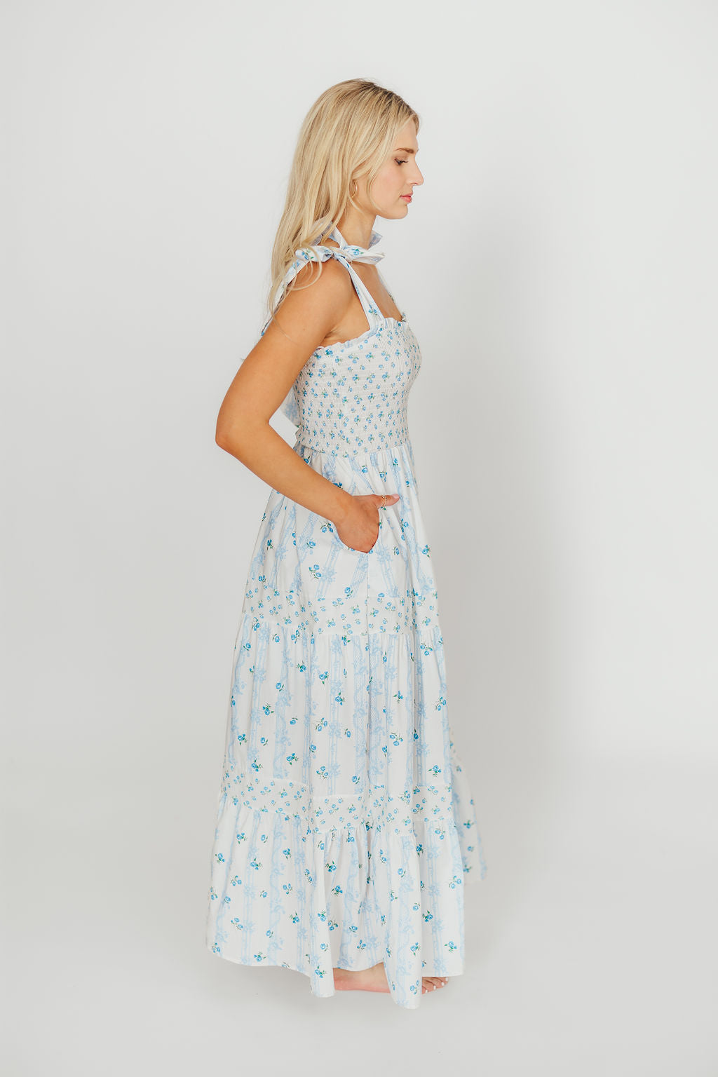 Kathryn Floral Print Tie Shoulder Maxi Dress - Ivory & Blue Floral Summer Dress for Women | Perfect for Beach Vacations, Weddings & Date Nights