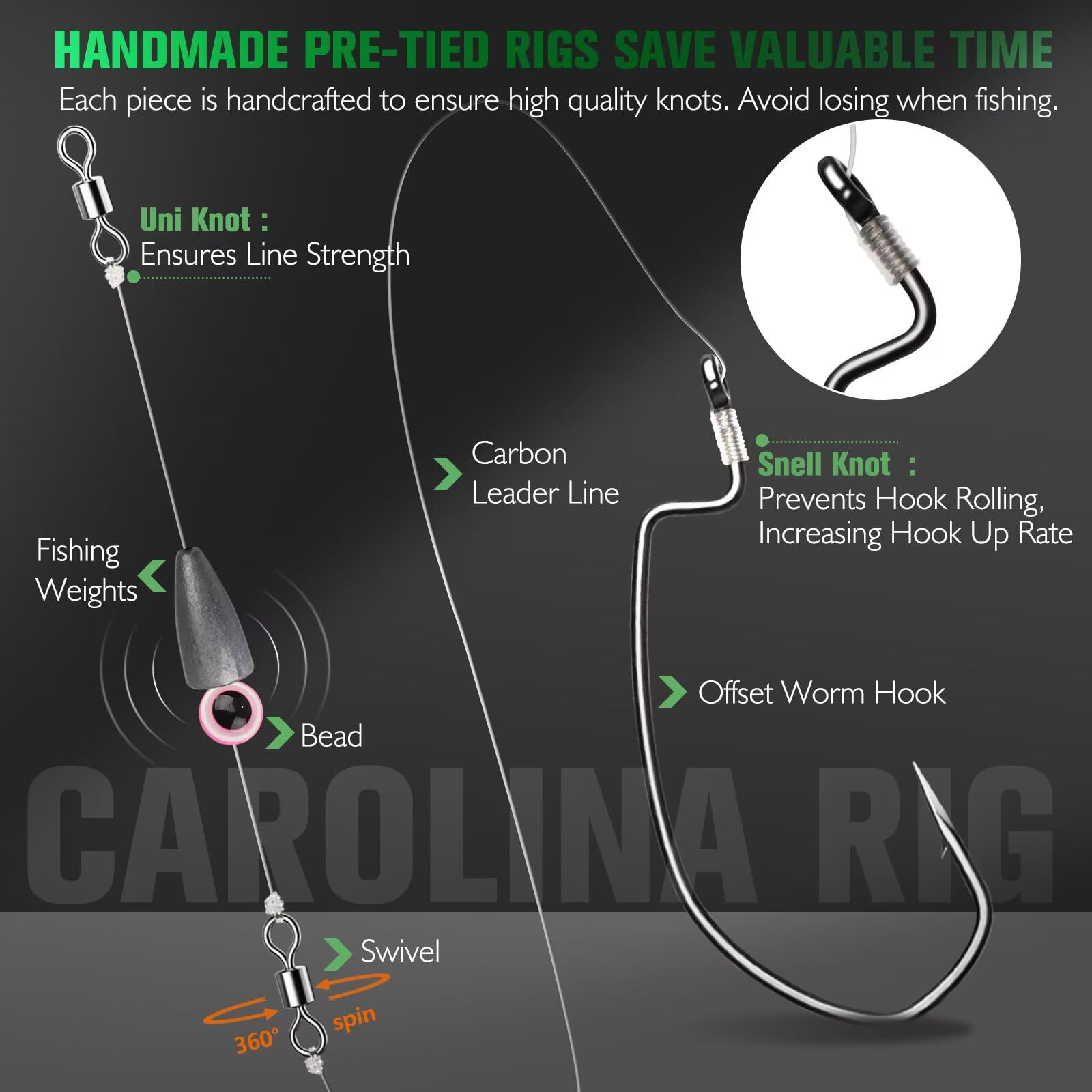 Dovesun 10/5PCS Ready Tied Carolina Rig Kit - Bass Fishing Rig with Hooks, Swivel & Fluorocarbon Line - Catfish & Freshwater Fishing Gear for Lakes & Rivers