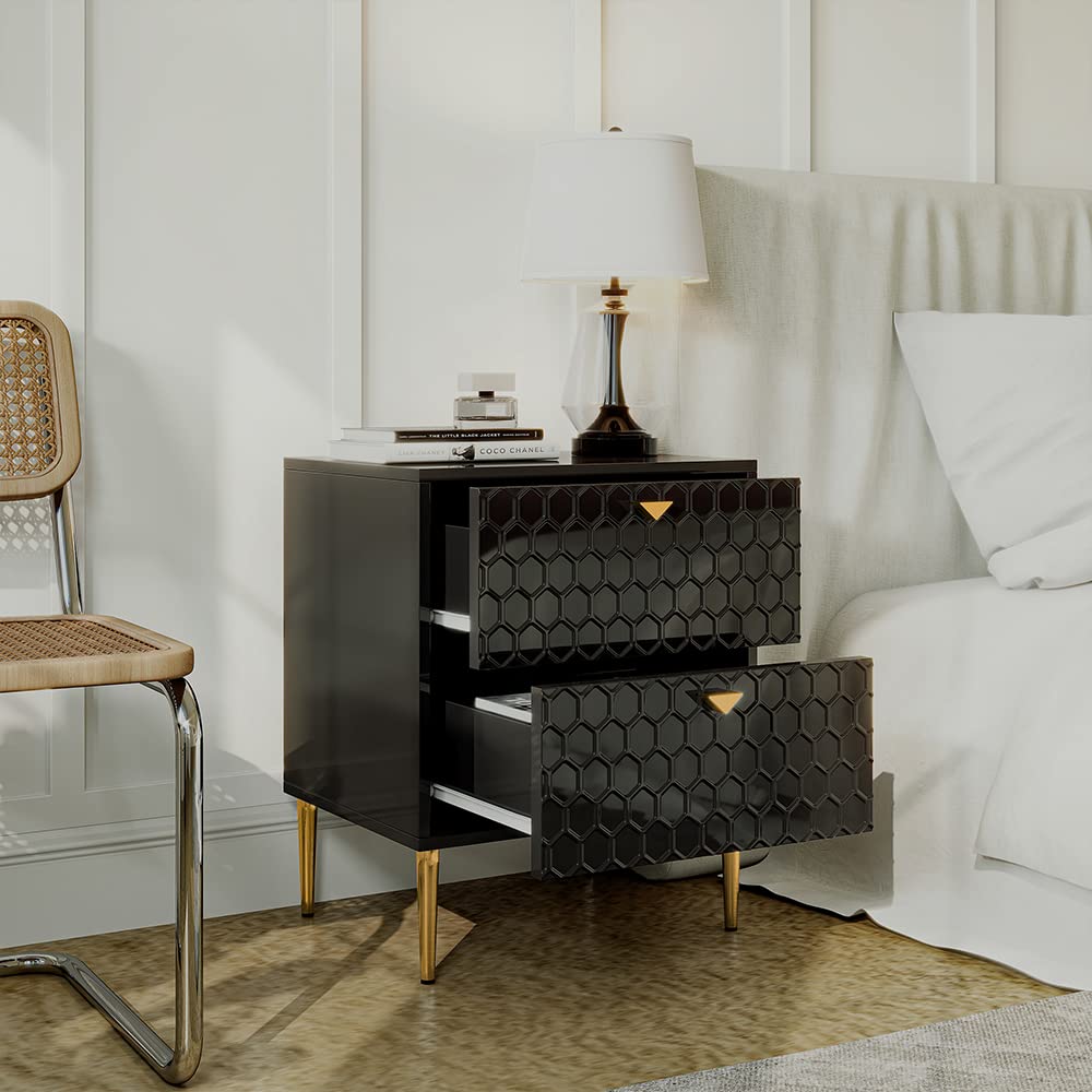 Modern Nightstand with 2 Drawers - Bedside Table with Brass Knobs for Bedroom & Living Room - Stylish Black End Table - Perfect for Storing Books, Lamps & Bedroom Essentials