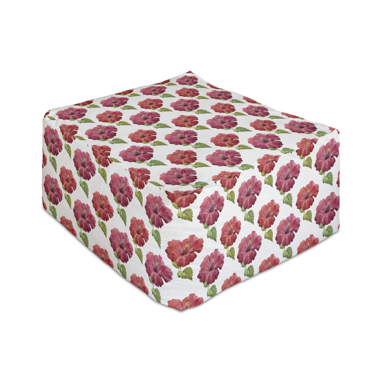 Ambesonne Luau Rectangle Pouf - Tropical Flower Design Foot Rest Ottoman with Removable Cover, 25 Inch, Dark Pink White Green - Perfect for Living Room, Office & Under Desk Use
