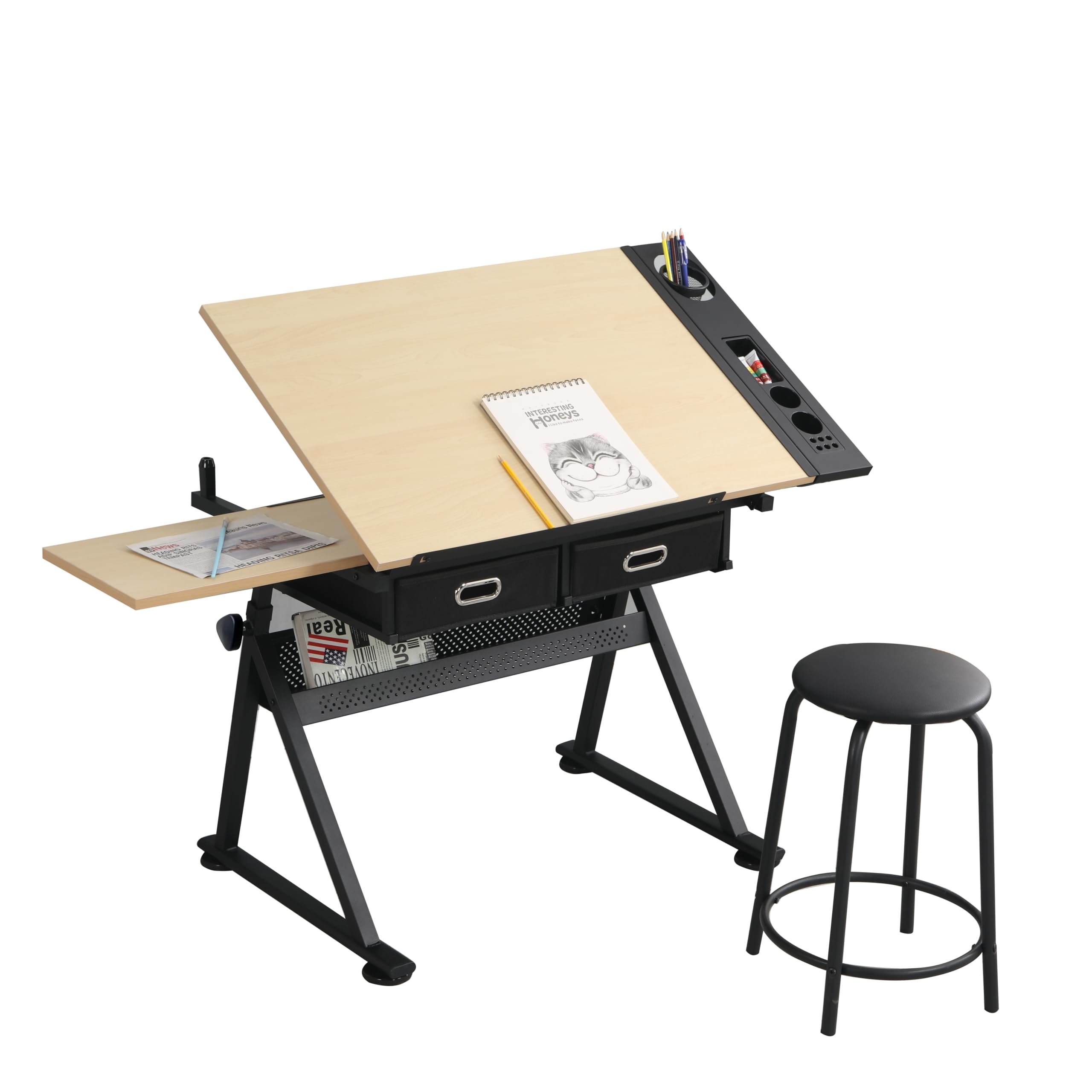Adjustable Drawing Drafting Table with 2 Non-Woven Storage Drawers & Stool - Solid Wood & MDF Top, Metal Frame - Home Office & School Art Studio Furniture - Perfect for Artists, Architects & Students (Natural American White Oak)