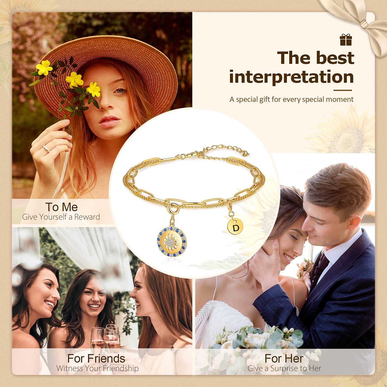 Kaululu Sunflower Charm Bracelet for Women & Teen Girls - Elegant Sunflower Jewelry Gift for Wife, Girlfriend, Mom - Perfect for Anniversaries, Weddings, Birthdays & Friendship - Stylish Floral Fashion Accessory for Everyday Wear & Special Occasions