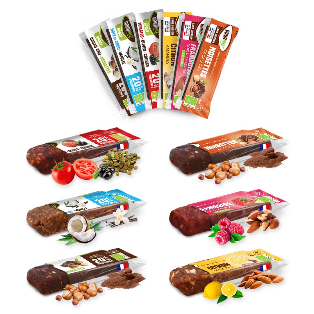 Gourmiz Fruit Bar - Discovery Pack 6 Bars, High Energy Carbohydrate & Organic Protein Bars, Dates, Vegan Snacks, Gluten Free, No Added Sugar - Perfect for Sports, Hiking & Healthy On-the-Go Snacking