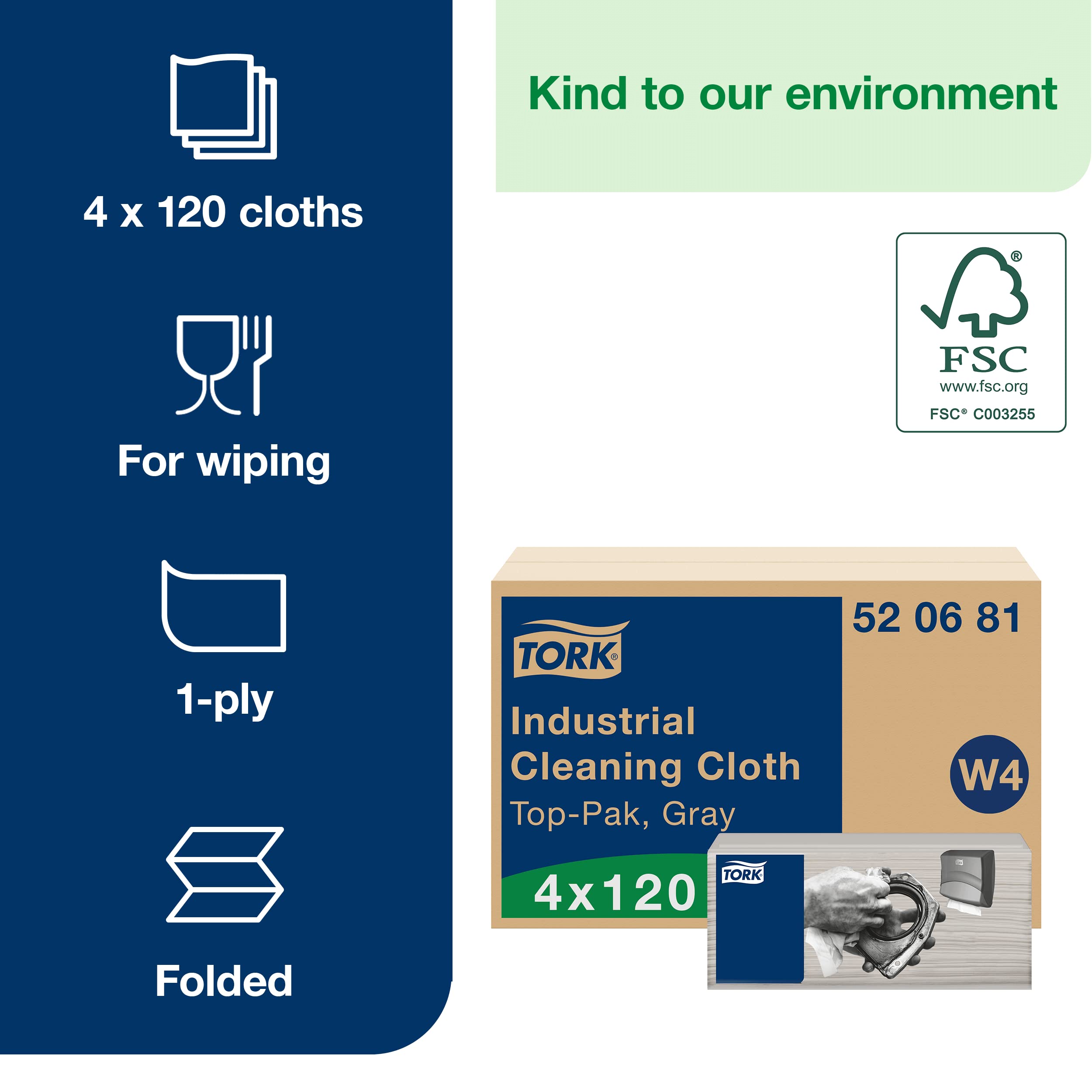 Tork Industrial Cleaning Cloths Gray W4 - 4 x 120 Pack, Soft & Flexible Microfiber Cloths for Heavy-Duty Cleaning - Ideal for Workshops, Garages, and Industrial Use