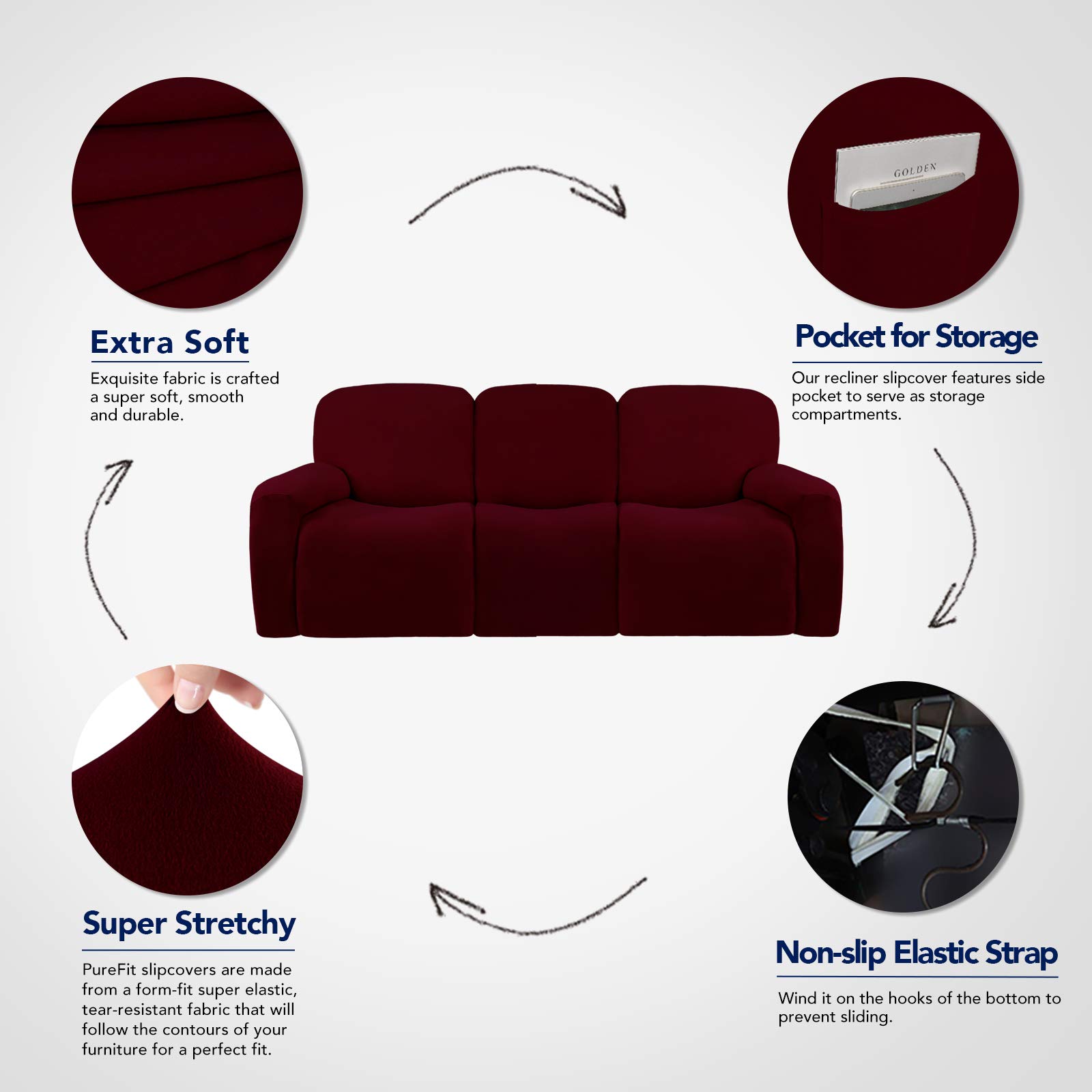 PureFit Super Stretch 3-Seater Recliner Sofa Cover with Pockets - Non-Slip Washable Spandex Slipcover for Living Room, Family Room & Home Theater - Furniture Protector for Kids & Pets (Wine Red, Fits Reclining Couches)