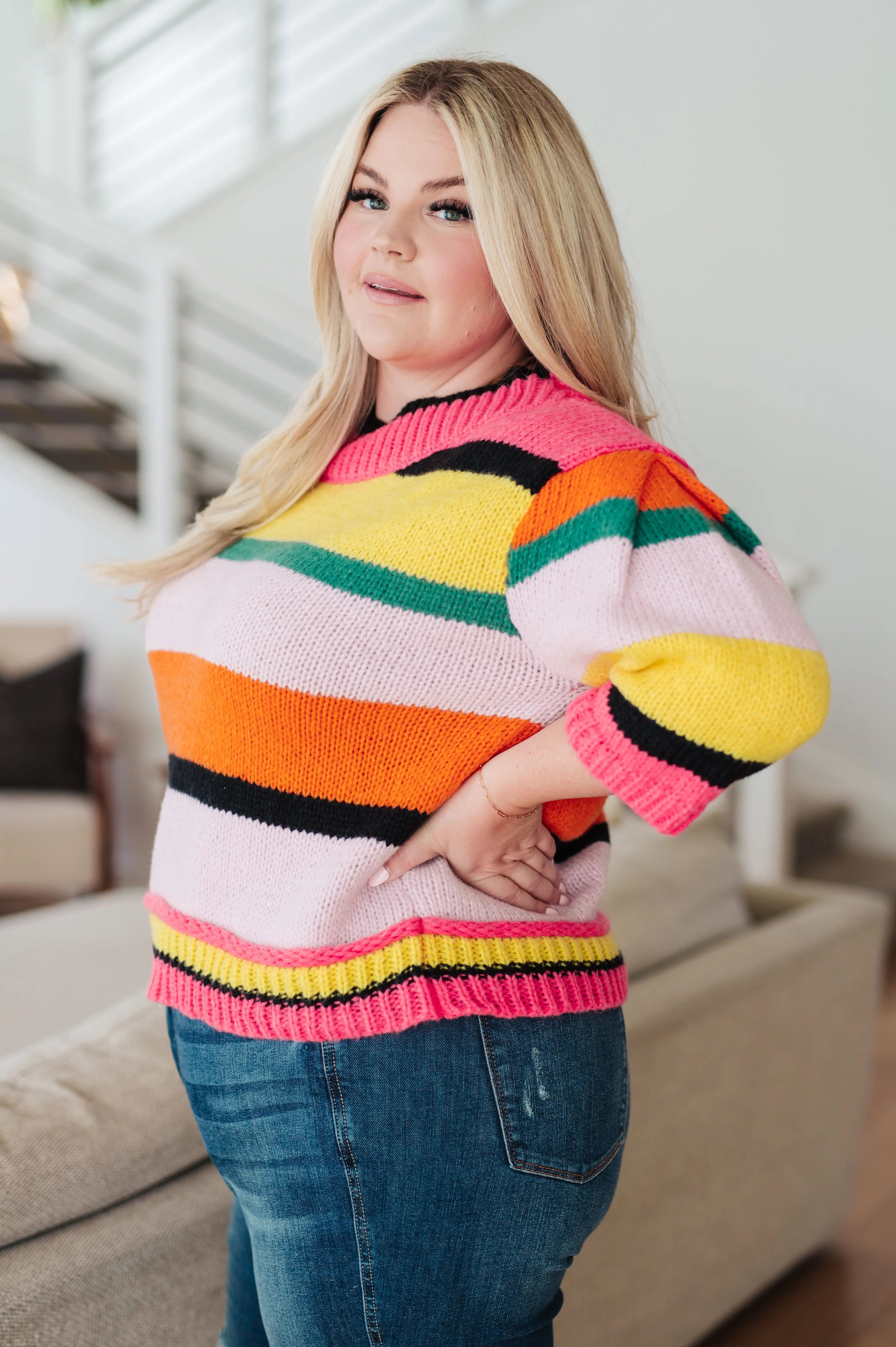 Bright Side Striped Sweater for Women - Cozy Knit Pullover with Long Sleeves - Perfect for Fall & Winter Outfits, Casual Wear and Office Attire