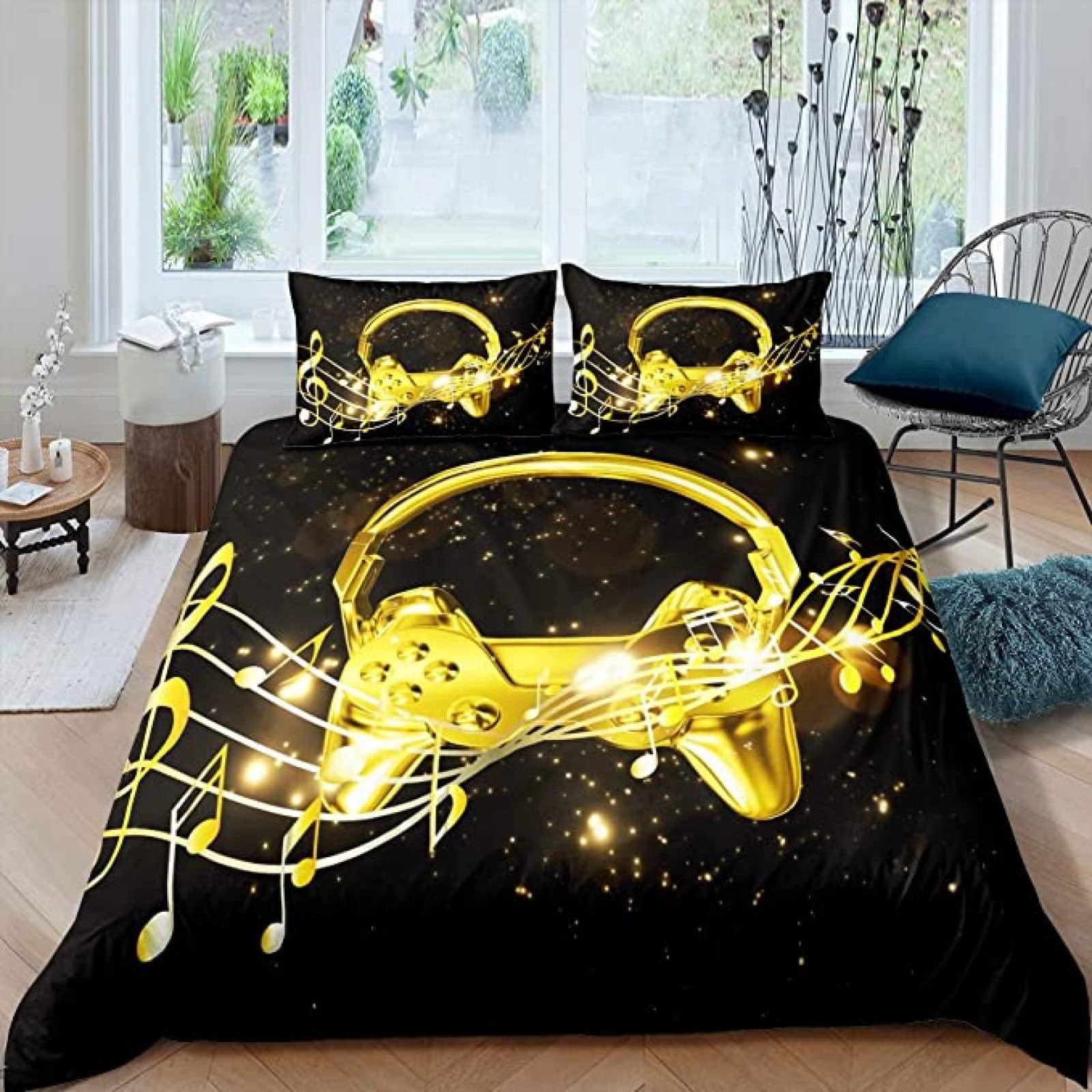 EANSSN Gaming Bedding Set - Queen Size Duvet Cover with 2 Pillowcases (3PCS) for Kids & Teens - Video Game Controller & Headphones Design - Perfect for Gamers' Bedroom Decor & Music Lovers - Golden Color Theme - Ideal for Gaming Rooms, Teen Bedrooms & Gift Giving