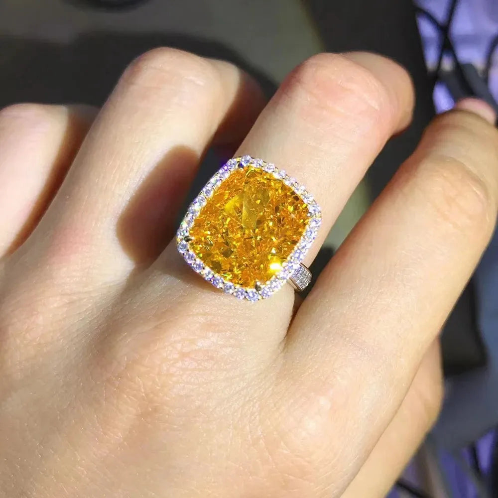 WUIHA Genuine 925 Sterling Silver 8CT Fancy Vivid Yellow Sapphire & Synthetic Diamond Ring for Women | Anniversary Gift | Elegant Jewelry for Weddings, Parties & Special Occasions