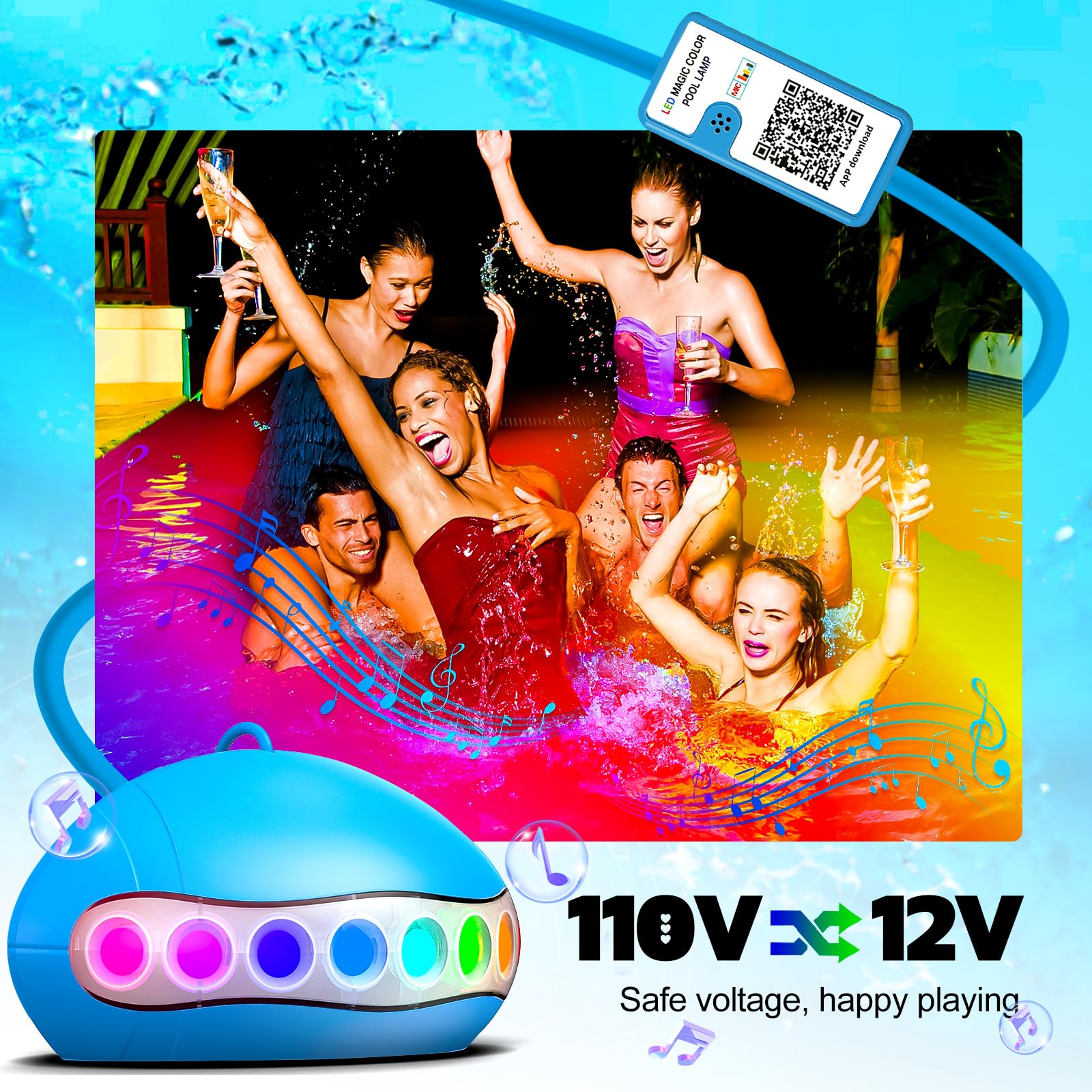 20W RGB LED Pool Lights with APP Control & Music Sync - IP68 Waterproof Underwater Lights for Above Ground & Inground Pools, Hot Tubs - 34FT Cord - Perfect for Backyard Parties, Night Swimming & Relaxation