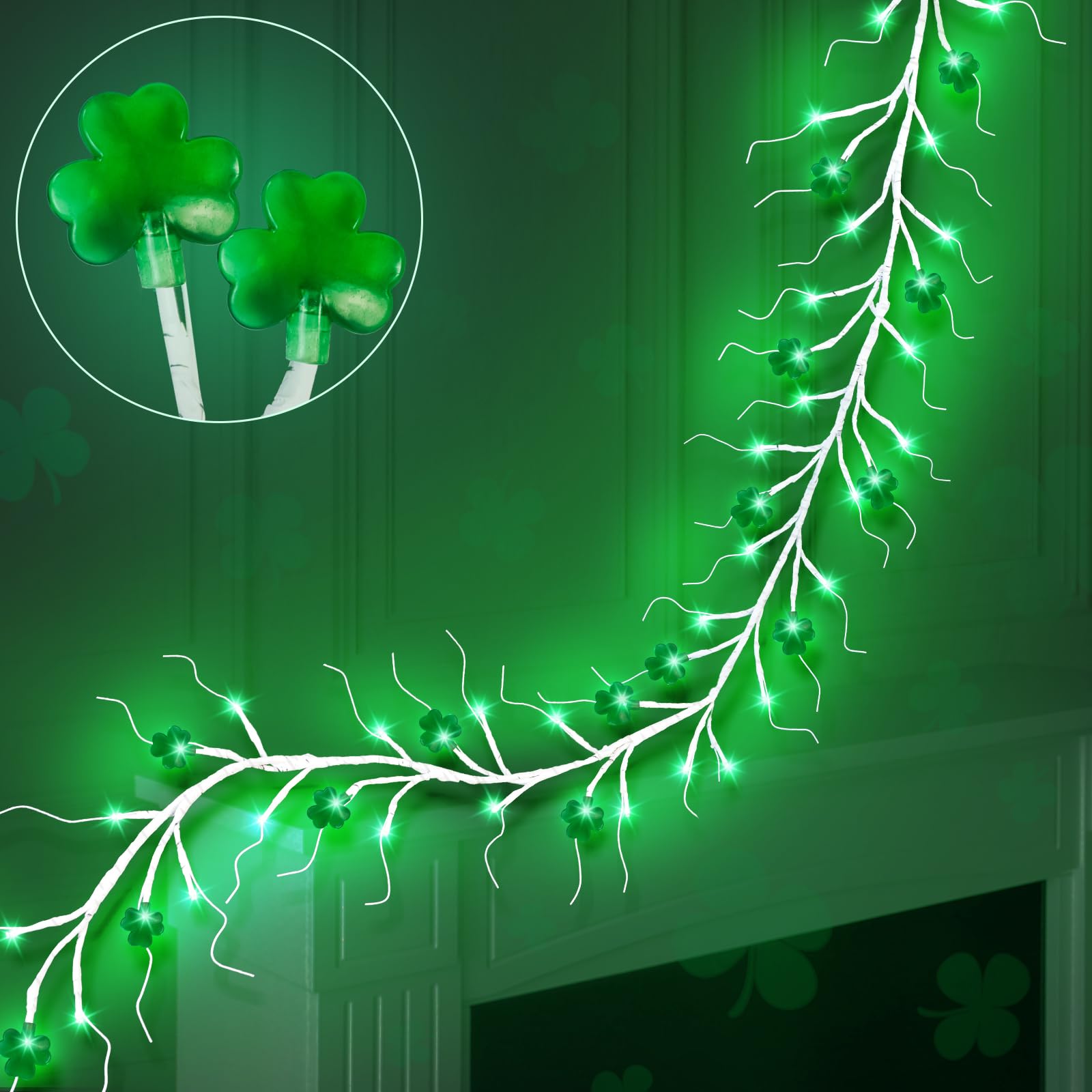 6Ft St. Patrick's Day LED Lighted Birch Garland with 16 Shamrocks - 48 Green Battery Operated Lights with Timer - Irish Holiday Decor for Mantel, Table, Wall - Perfect for St. Patrick's Party & Home Decoration