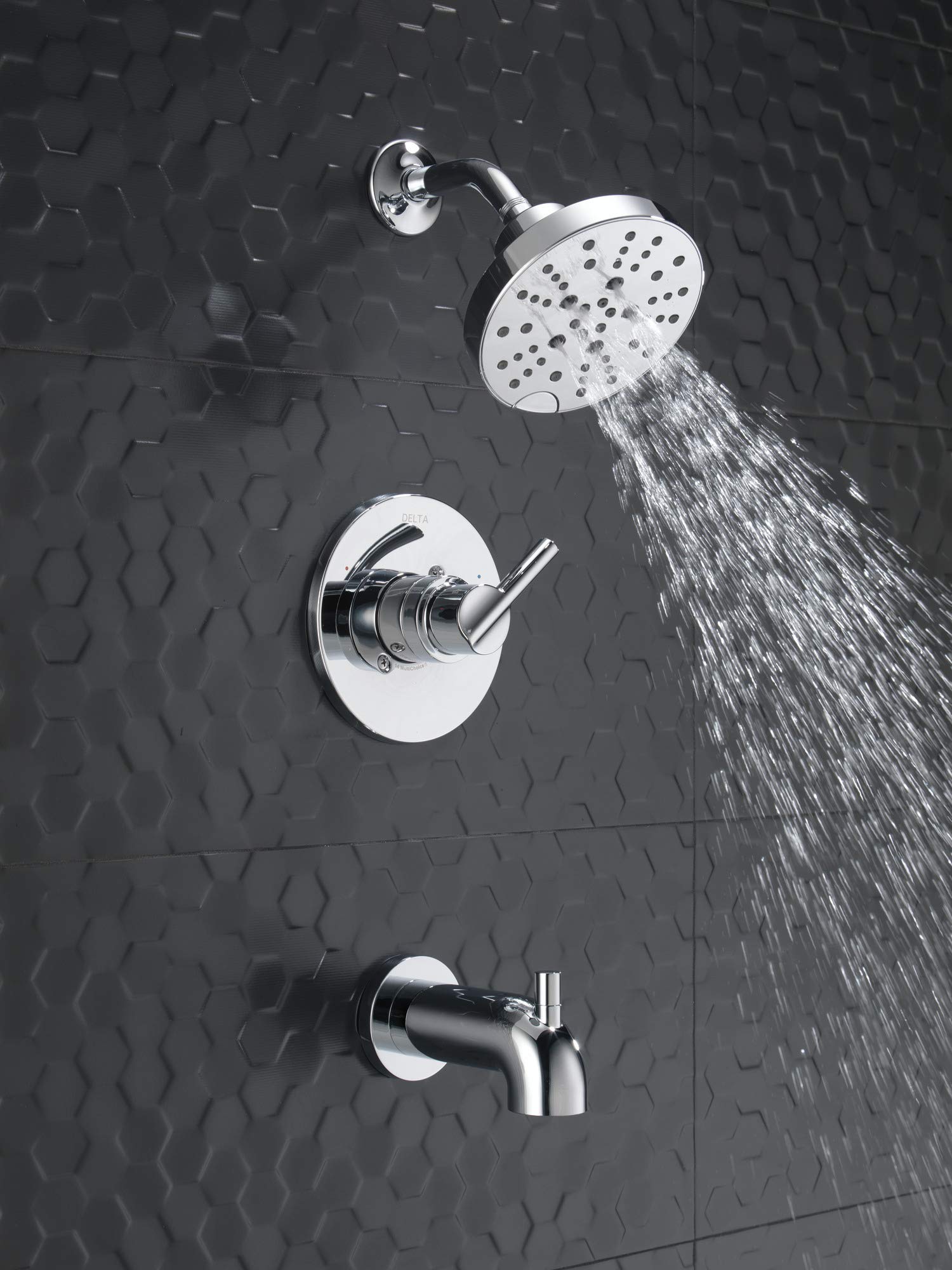 Delta Faucet Nicoli 14 Series Single-Handle Tub and Shower Trim Kit with 5-Spray H2Okinetic Shower Head - Chrome 144749 (Includes Shower Valve) - Perfect for Modern Bathroom Renovations and Spa-Like Shower Experiences