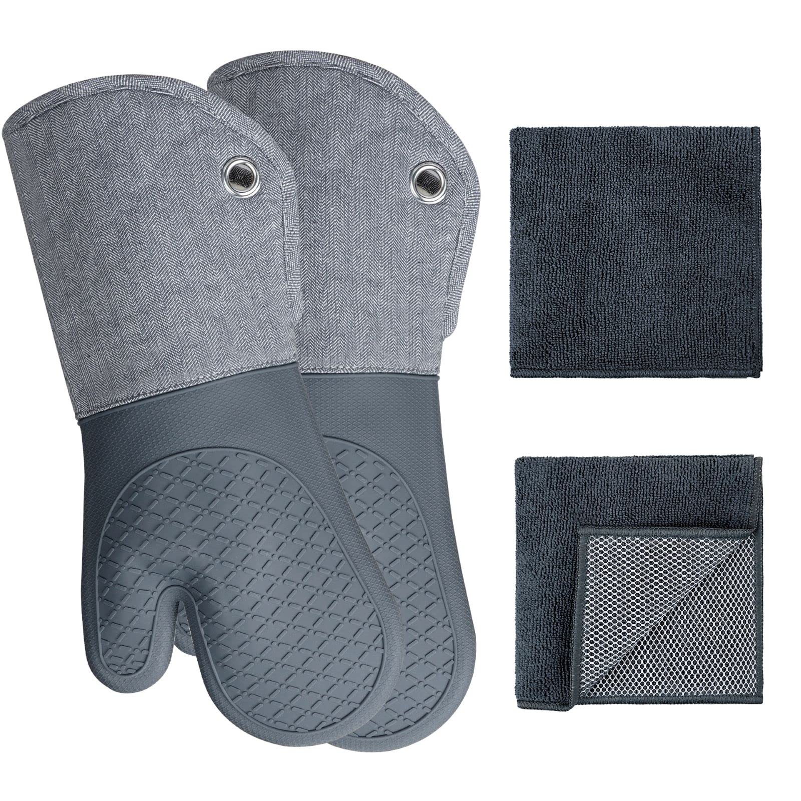 Heat Resistant 500°F Professional Microwave Silicone Oven Mitts & Kitchen Towels Set - 1 Pair Gloves + 2 Pcs Yarn-Dyed Pot Holders for BBQ, Baking, Cooking - Perfect for Grilling, Oven Use & Hot Dish Handling