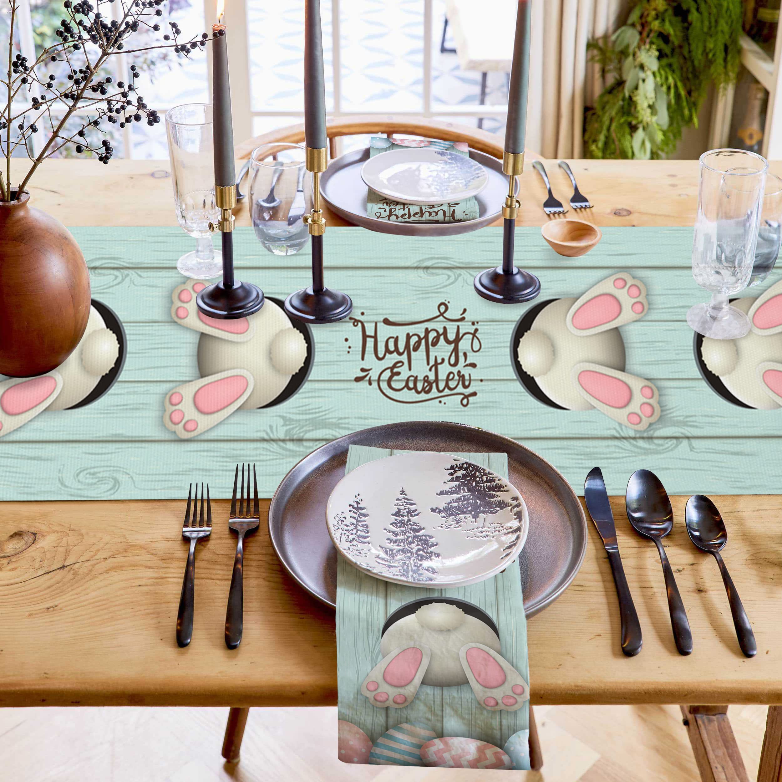 Easter Cotton Linen Table Runner - Bunny Tail Easter Eggs & Spring Flowers Design - 13x90 Inch Farmhouse Kitchen Decor for Dining Table, Holiday Parties & Dinner Decoration - Perfect for Easter Celebrations, Spring Gatherings & Farmhouse Style Home Decor