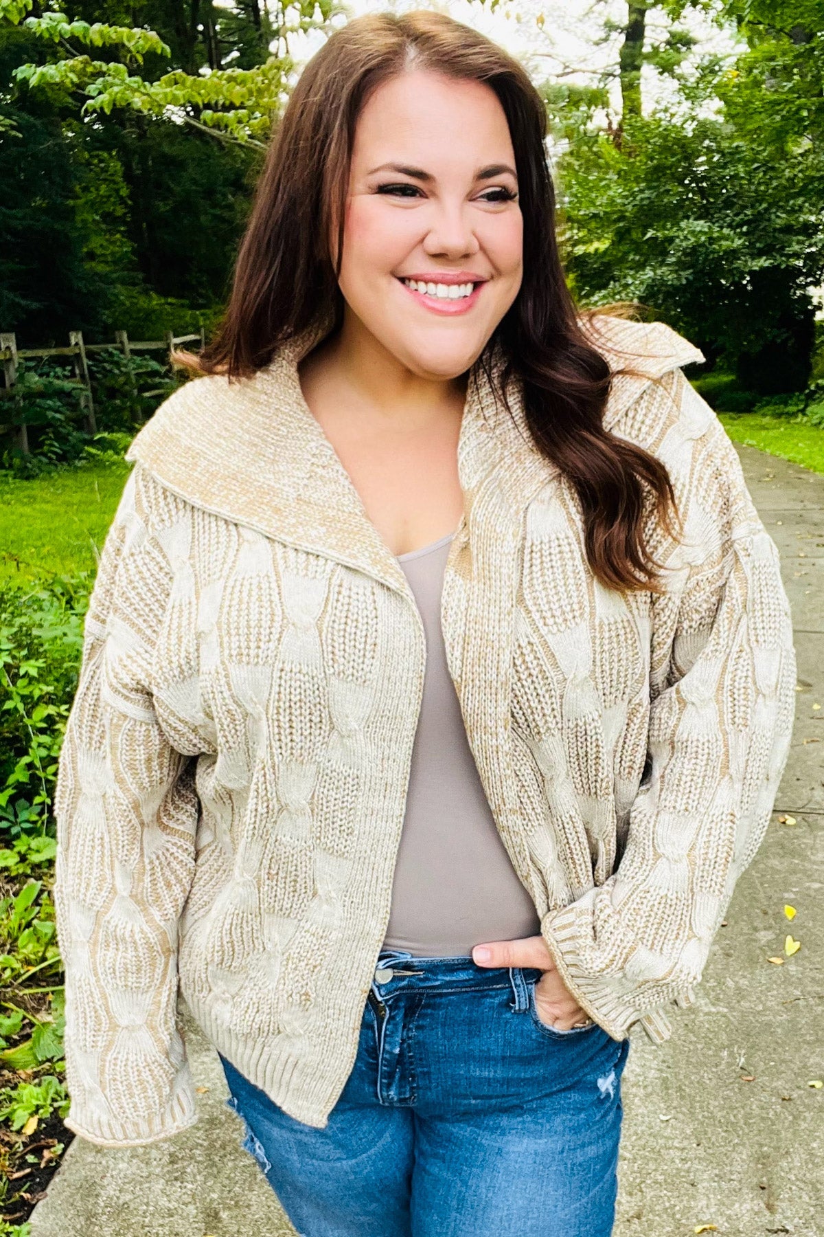 Cozy Taupe Textured Cable Knit Collared Cardigan for Women | Autumn Fall Sweater | Perfect for Layering, Office Wear & Casual Outfits