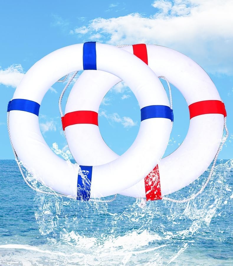 Life Ring Pool Safety Ring - 52cm/20.5inch Swim Foam Buoy with Rope, Red Emergency Flotation Device for Swimming Pools, Lakes, Beaches & Boating Safety