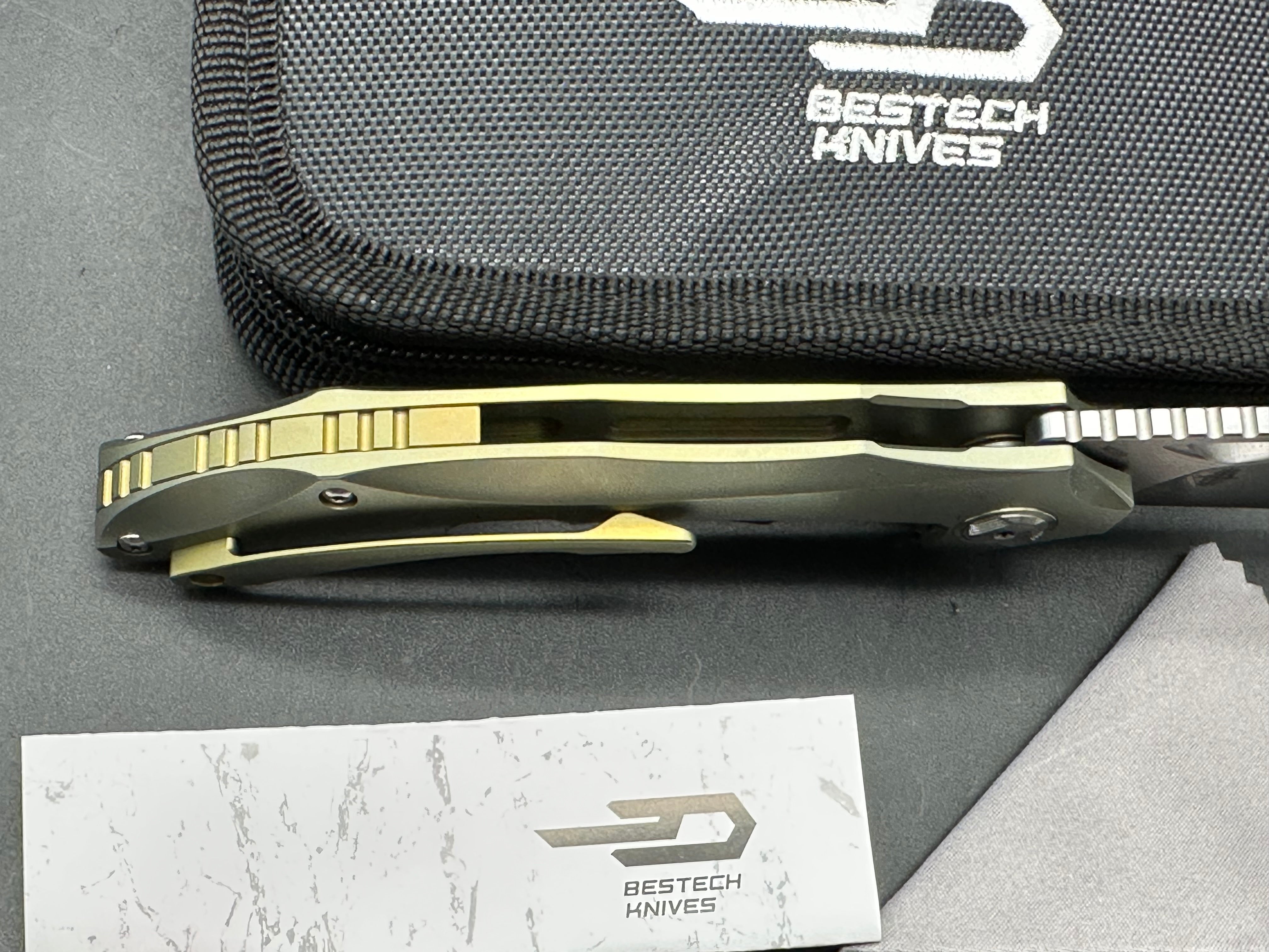 Premium Bestech Eskra Folding Knife - Bohler M390 Stonewashed Blade, Gold Titanium Handle for Outdoor Camping, Hunting & EDC