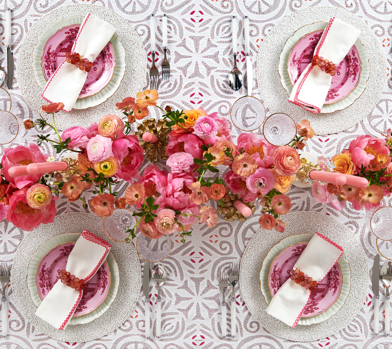 Premium Malta Tablecloth Set - White, Pink & Orange Floral Design for Dining Room, Kitchen, Party & Outdoor Decor