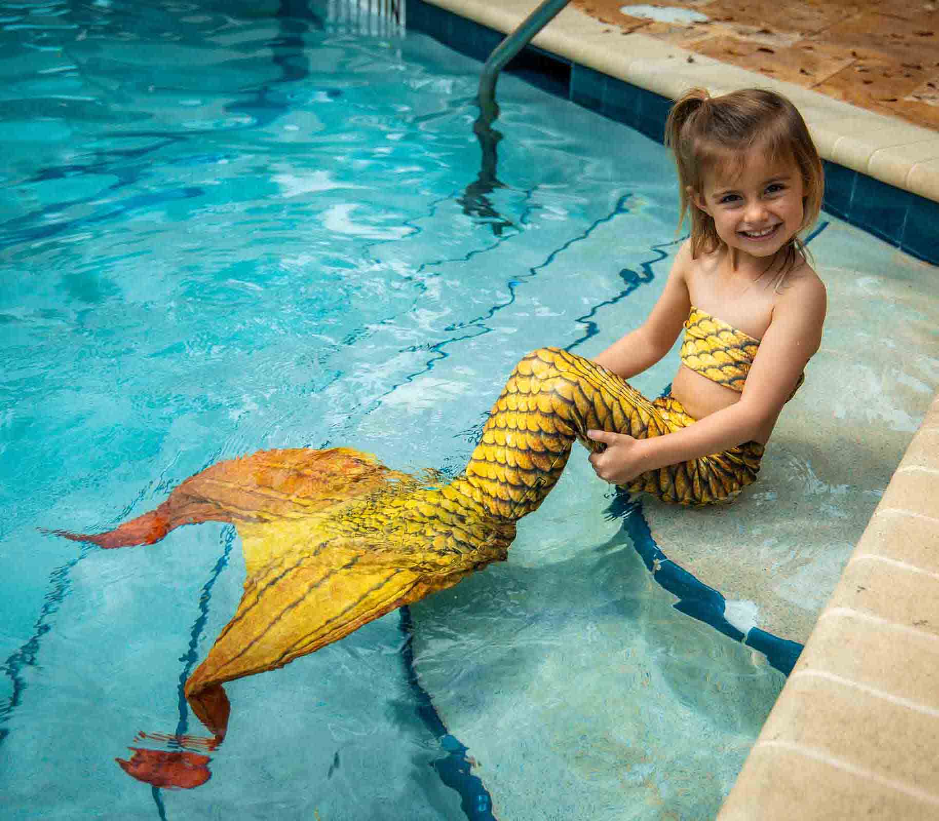 Eco-Friendly Mermaid Tail for Kids - Treasure Gold Color - In Stock - Perfect for Swimming, Dress-Up, and Underwater Photography