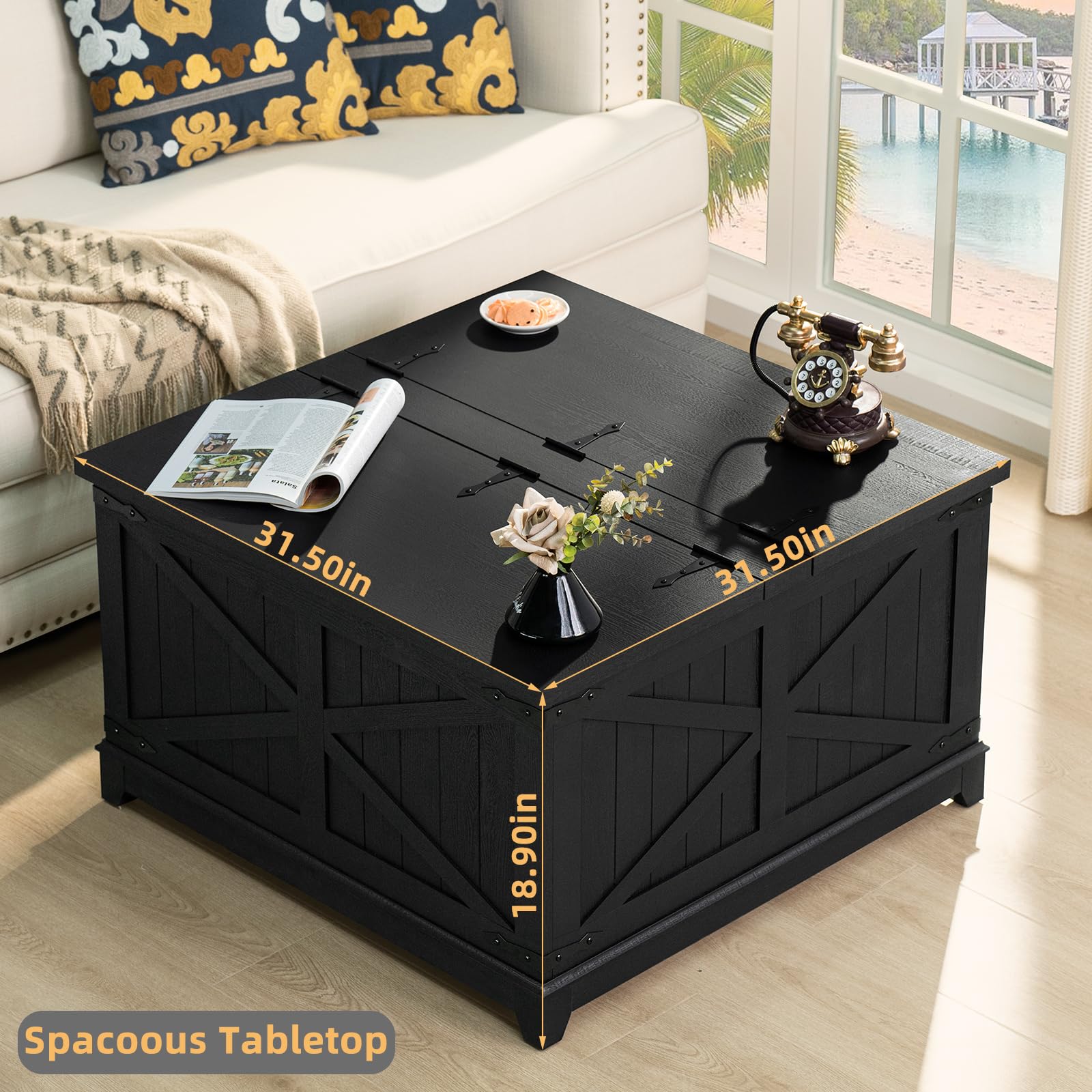 3-Piece Farmhouse Coffee Table Set with Charging Station & Hidden Storage - Large End/Side Tables & Coffee Table - Black Wood Living Room Furniture for Home, Office & Family Gatherings