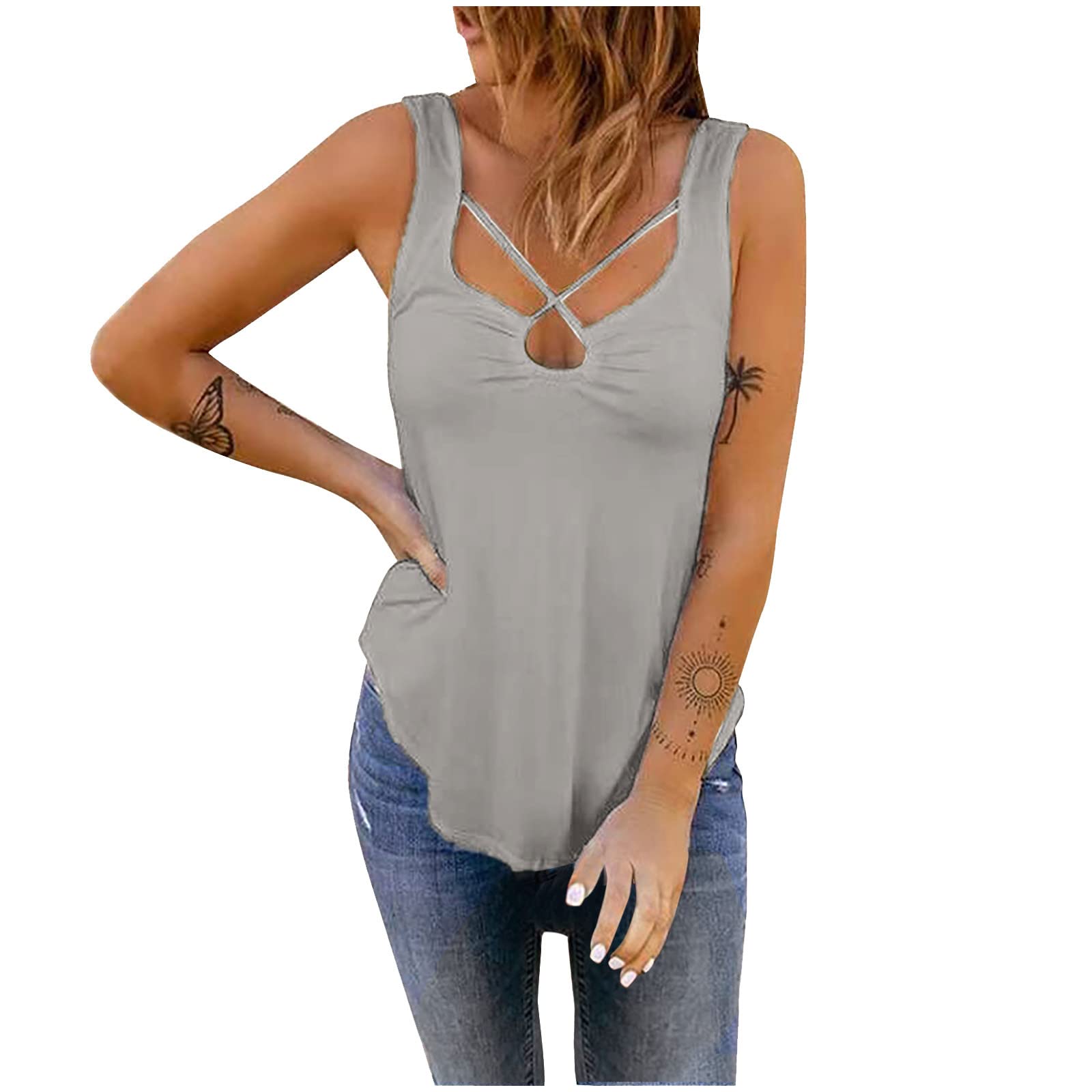 Yoeyez Women's Sleeveless Cross Front Tank Top - Sexy Solid Color Casual Camisole with Asymmetrical Hem | Perfect for Summer, Beach, Party & Everyday Wear