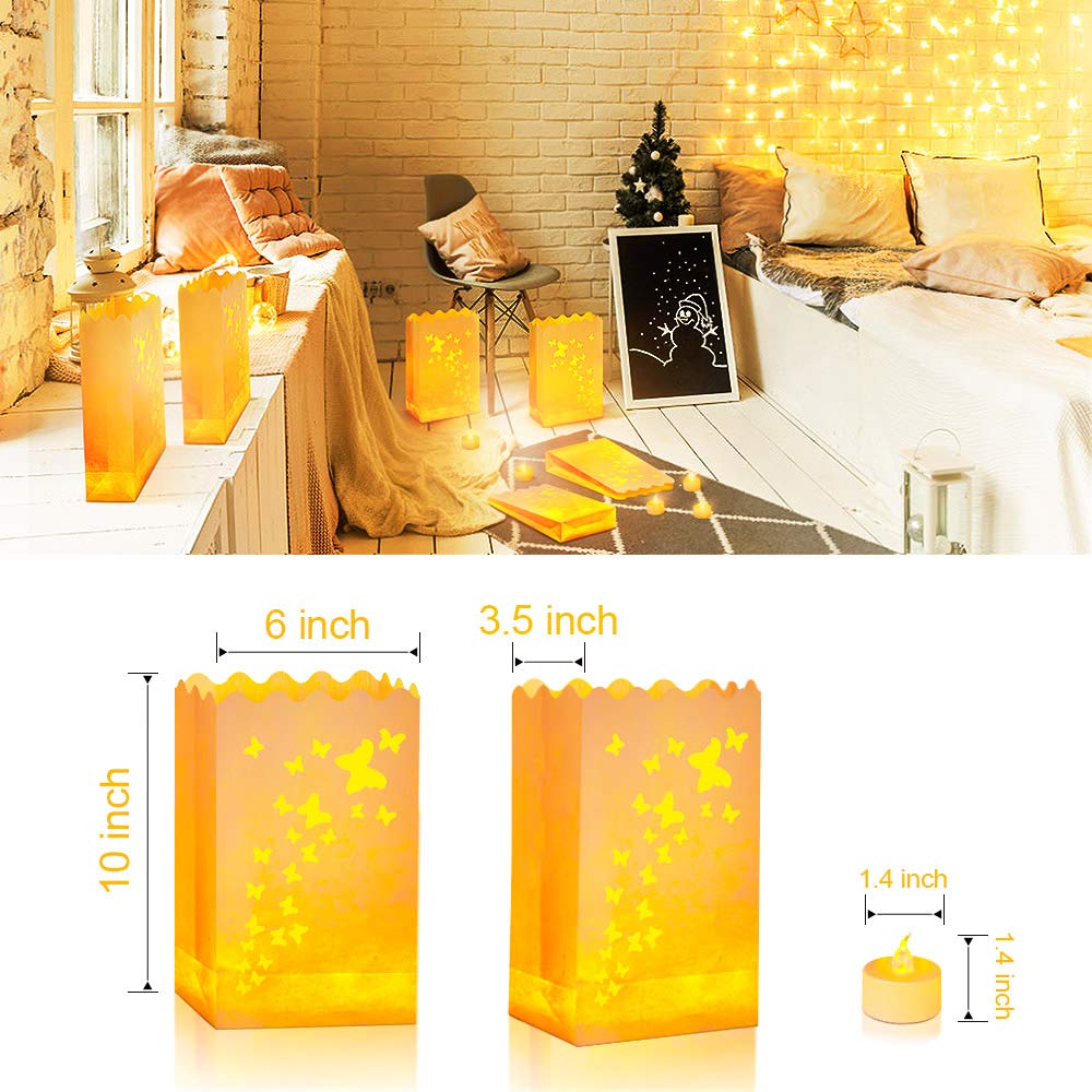 50 PCS White Butterfly Luminary Bags with 50 PCS Flameless LED Tea Lights - Battery Operated Candles for Christmas, Thanksgiving, Weddings & Outdoor Decorations - Elegant Holiday Party, Garden, Pathway Lighting Solution