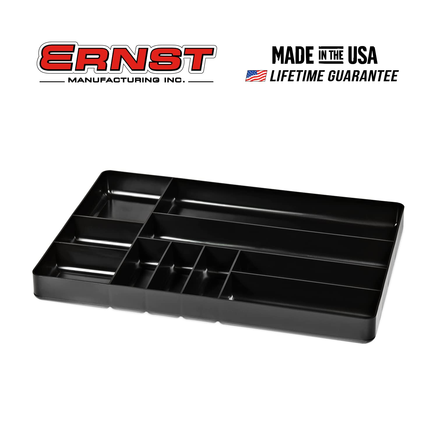 Ernst MFG 10-Compartment Heavy Duty Drawer Organizer - Stackable Tool Tray for Automotive, Garage, and Workshop Tool Storage - Low-Profile Toolbox Organizer for Nuts, Bolts, Tools, and Parts - Easy to Clean Black Tray - Perfect for DIY Projects and Professional Use