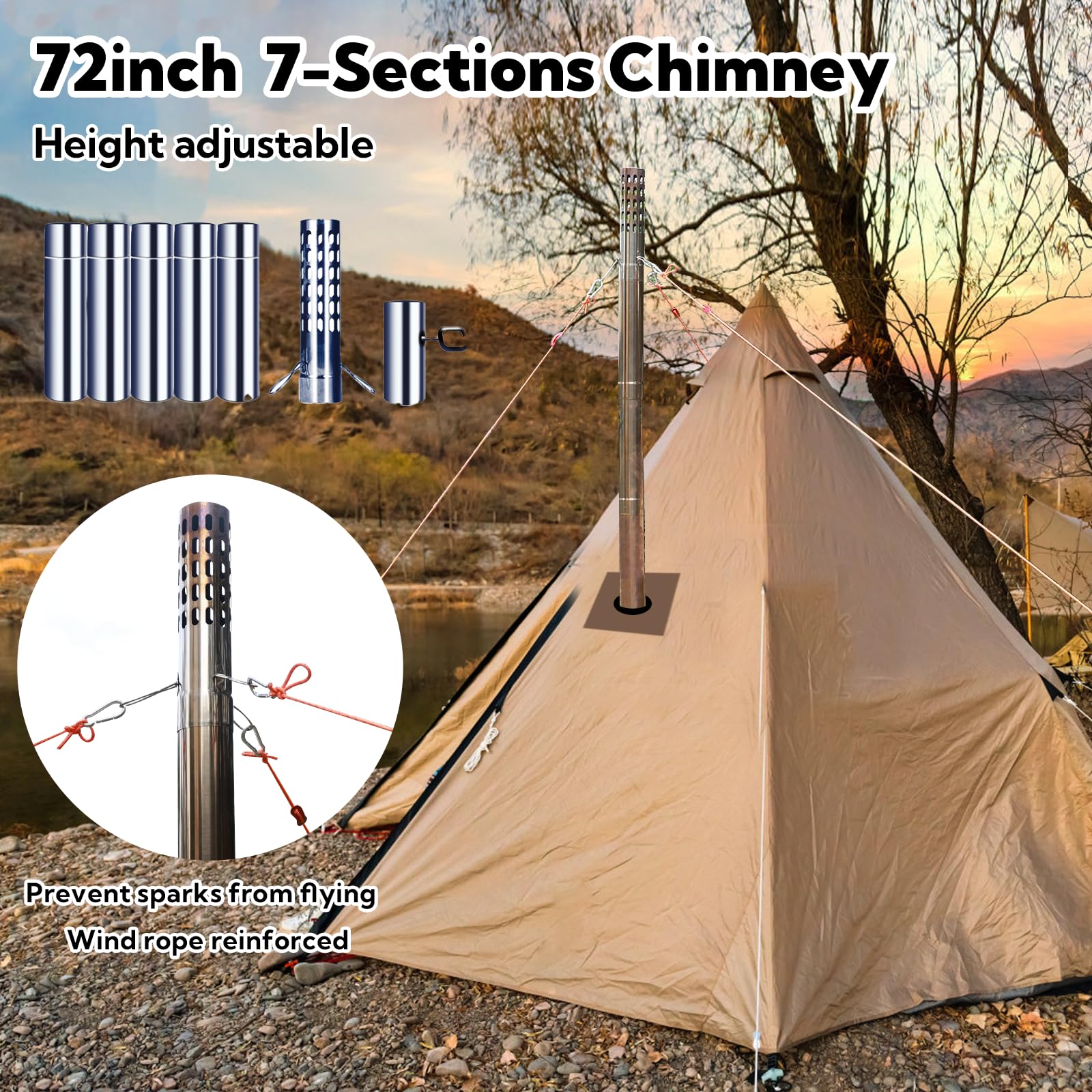 Portable Folding Wood Burning Camping Stove with Chimney Pipe & Spark Arrestor - Lightweight Outdoor Cooking Stove for Backpacking, Hiking, Emergency Survival & Tent Heating