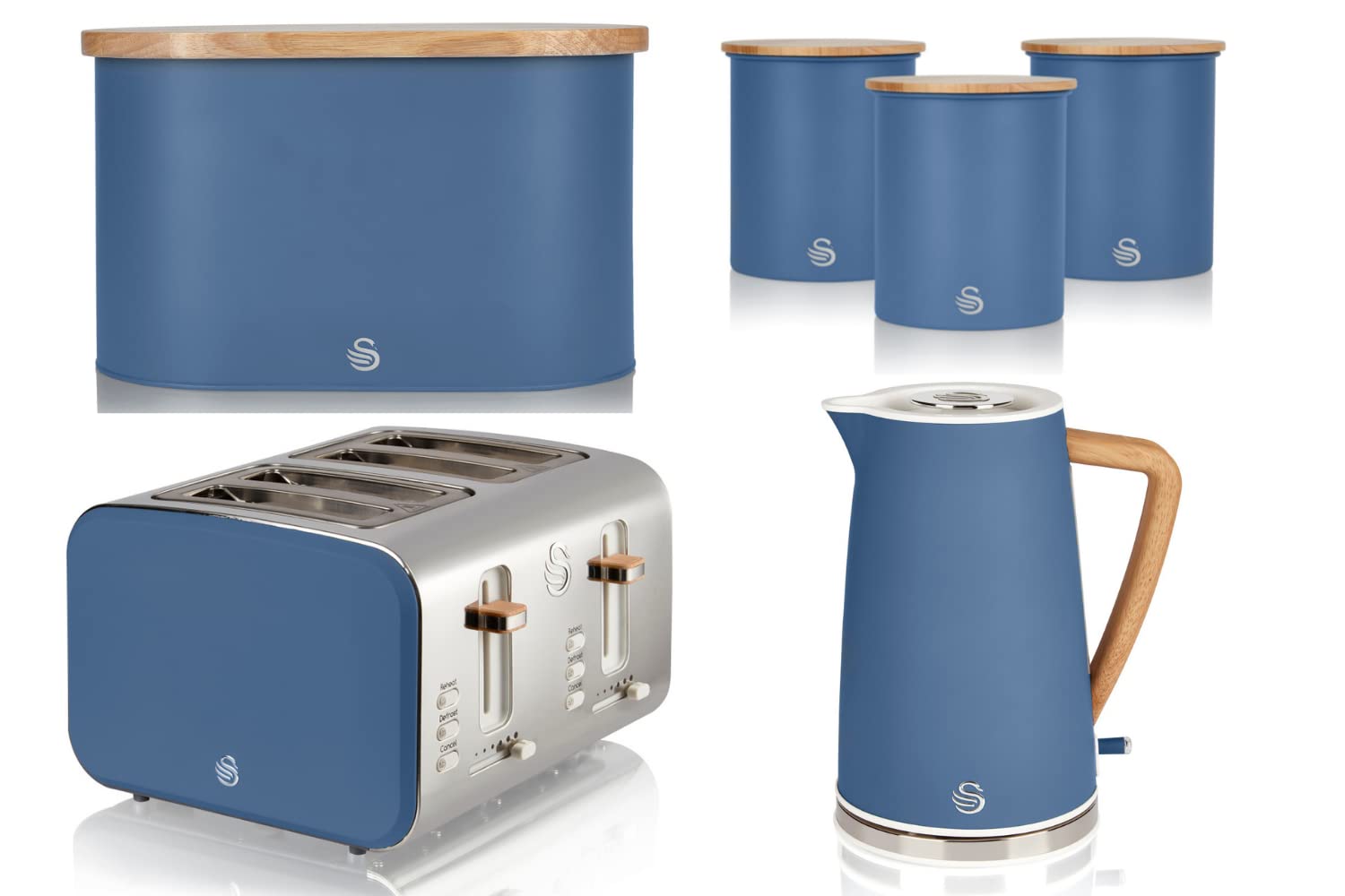 Nordic Blue 6-Piece Kitchen Set - 1.7L Jug Kettle, 4-Slice Toaster, Bread Bin & 3 Tea/Coffee/Sugar Canisters | Scandinavian Design Kitchenware for Modern Homes | Perfect for Breakfast & Tea Time