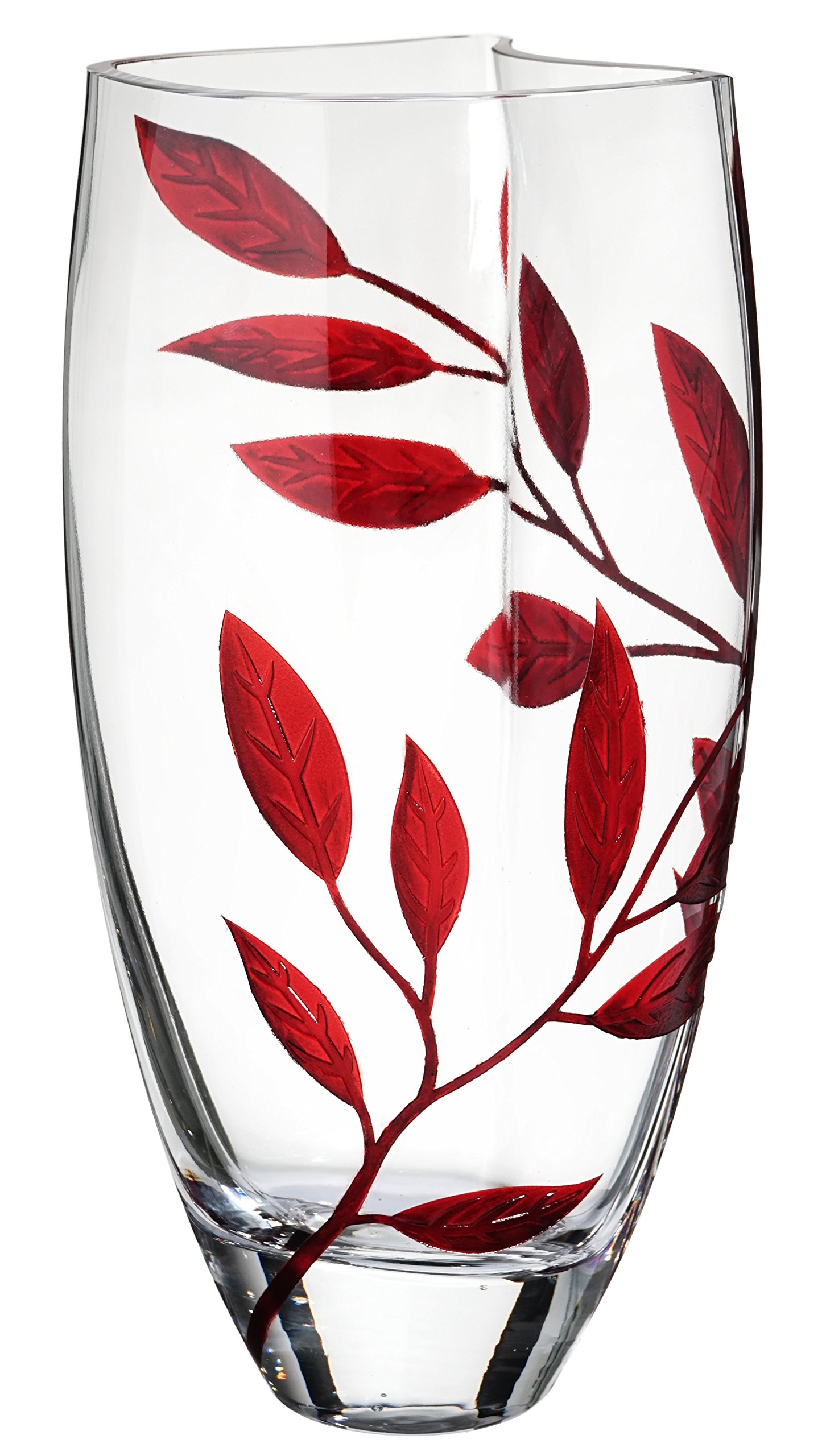 Luxury Hand Blown Glass Vase with Sandblasted Ruby Leaf Design - 11.4 Inch Clear Unique Shape Home Decor - Elegant Gift Box Included - Perfect for Wedding Centerpieces, Living Room Decor & Housewarming Gifts (Red, 29 cm)