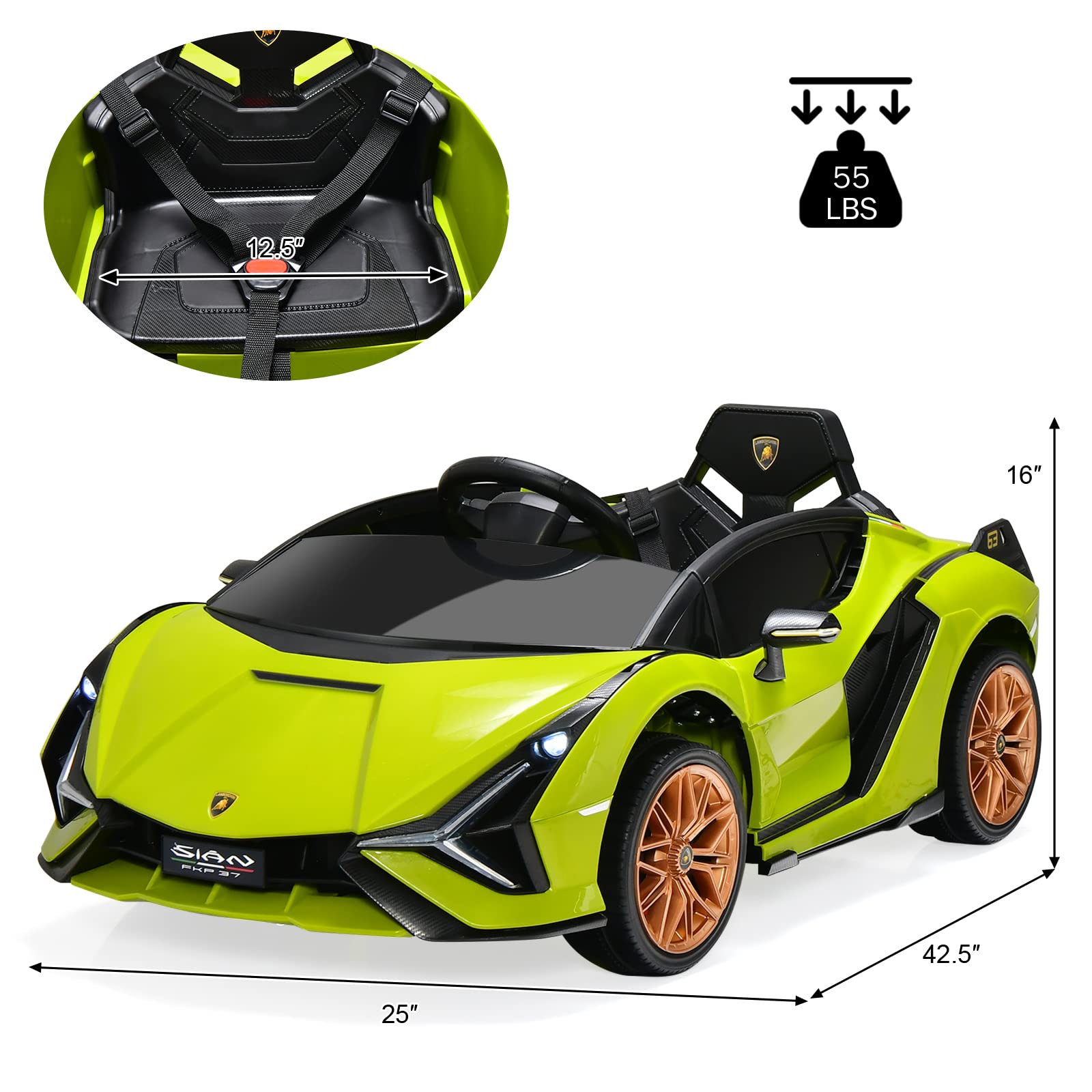 INFANS 12V Licensed Lamborghini Sian Kids Electric Ride-On Car with Parent Remote Control - Spring Suspension, MP3 Player & Carbon Fiber Texture - Green Toddler Toy Roadster for Indoor/Outdoor Play & Birthday Gifts
