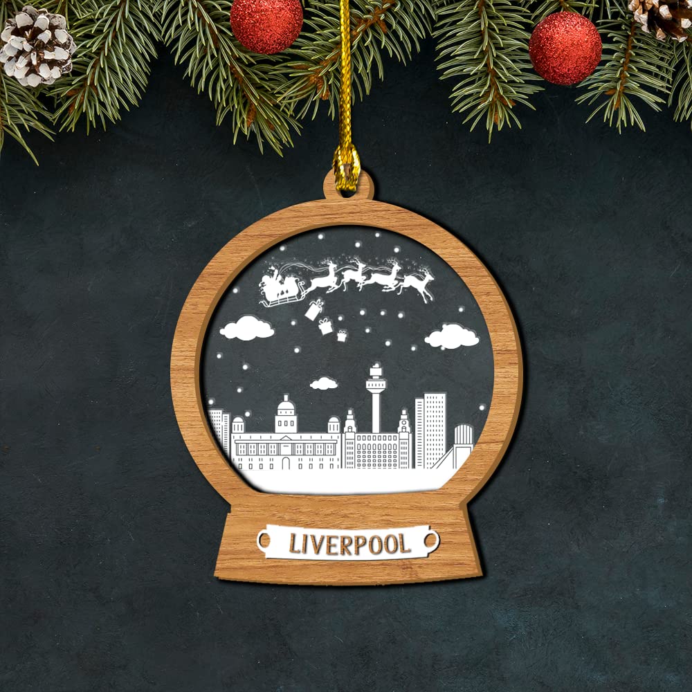 Liverpool Christmas Ornaments - 3D Wooden Layered Personalized Cityscape Decorations for Christmas Tree | Set of 10 Unique Holiday Trinkets - Perfect for Home, Office & Gift Giving