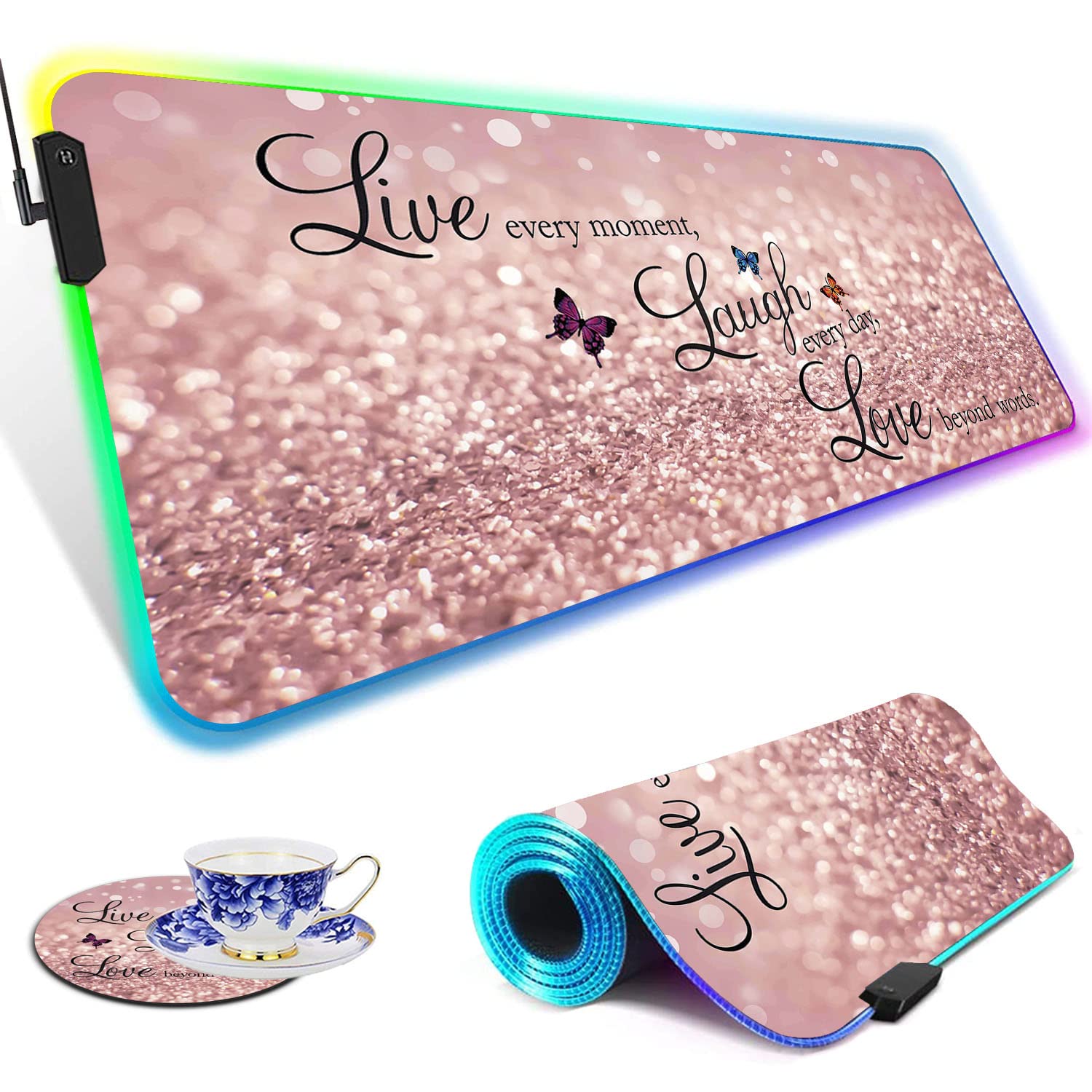RGB Gaming Mouse Pad with LED Lights - Large Waterproof Desk Mat for Keyboard & Mouse - Optical Glide Surface for PC Gamers - Perfect for Gaming Setups, Streaming & Office Work - Pink