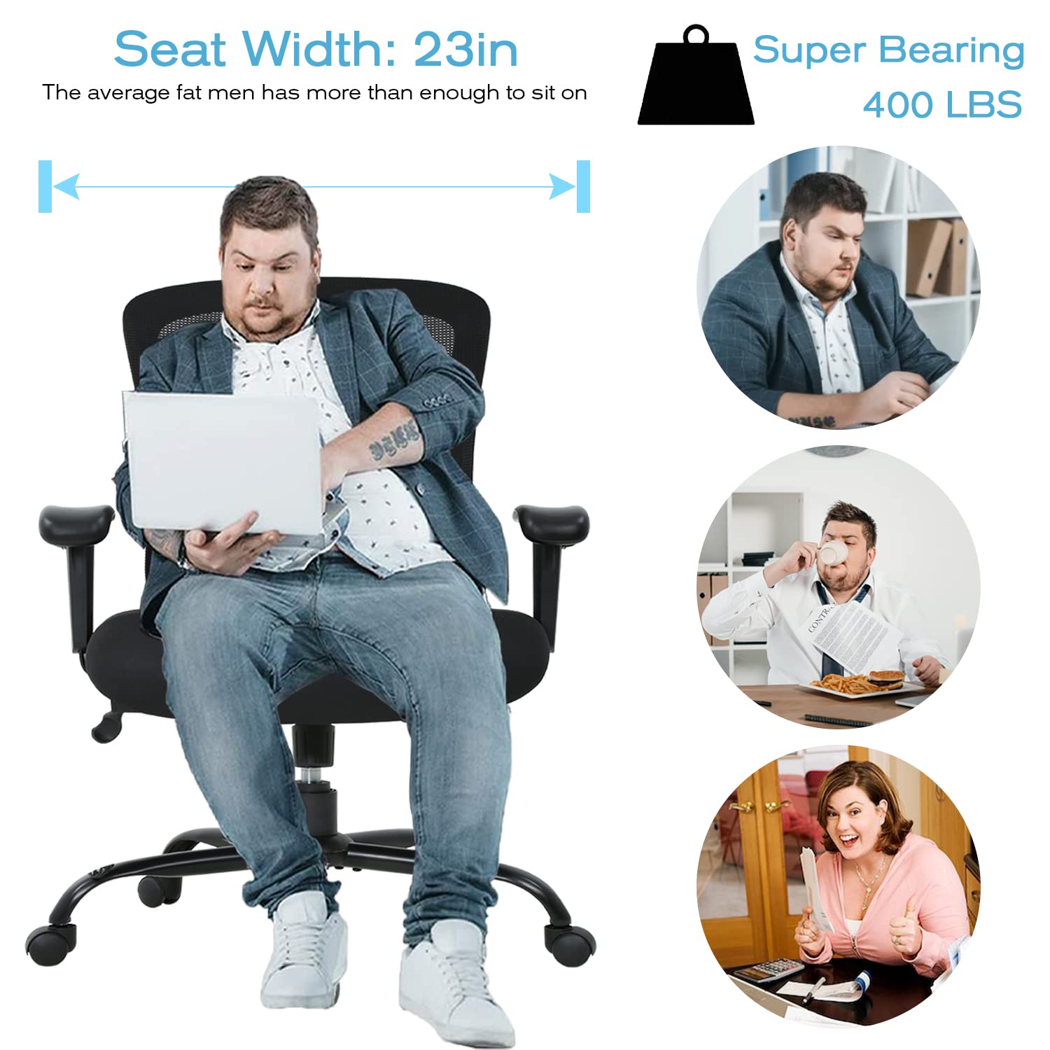 Big & Tall Office Chair 400 lbs Capacity - Heavy Duty Ergonomic Mesh Computer Desk Chair with Adjustable Height, Lumbar Support & Rolling Wheels for Home & Office Use - Perfect for Large & Tall Individuals (Black)