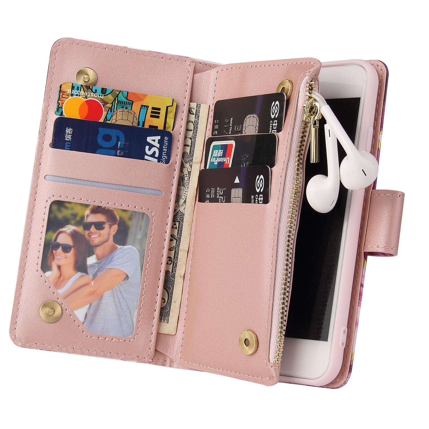 UEEBAI Premium PU Leather Wallet Case for iPhone SE 2022 5G/iPhone 7/iPhone 8/iPhone SE 2020/SE3/SE2 - Magnetic Closure, Zipper Cover, Kickstand & Card Slots (Pink Flower) | Perfect for Daily Use, Travel & Hands-Free Viewing