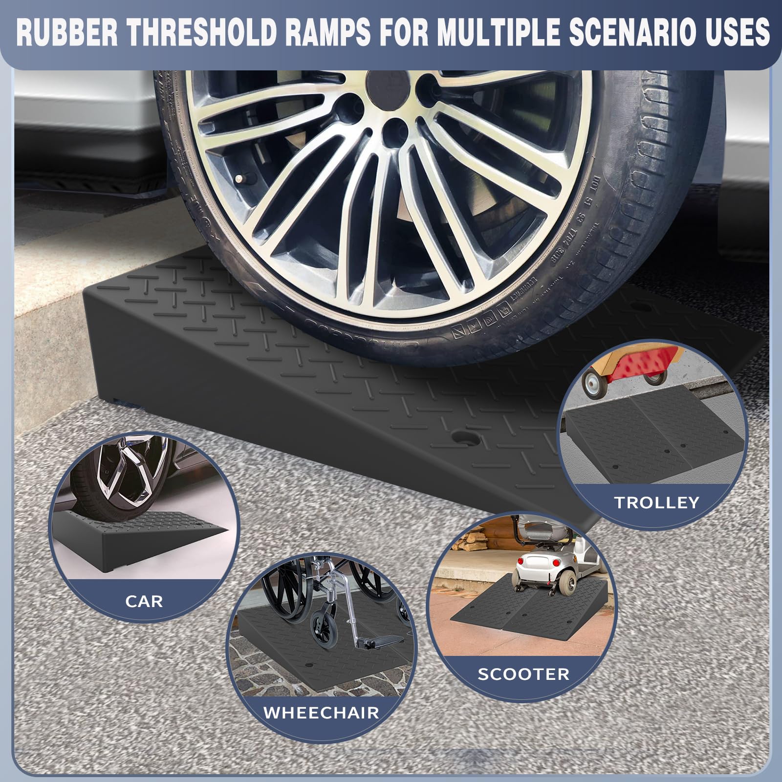 **6 Inch Rubber Threshold Ramp - Heavy Duty Non-Slip Wheelchair & Scooter Ramp for Home & Garage (2PCS, 2200LBS Capacity) - Perfect for Wheelchairs, Cars, Mobility Scooters & Outdoor Use**