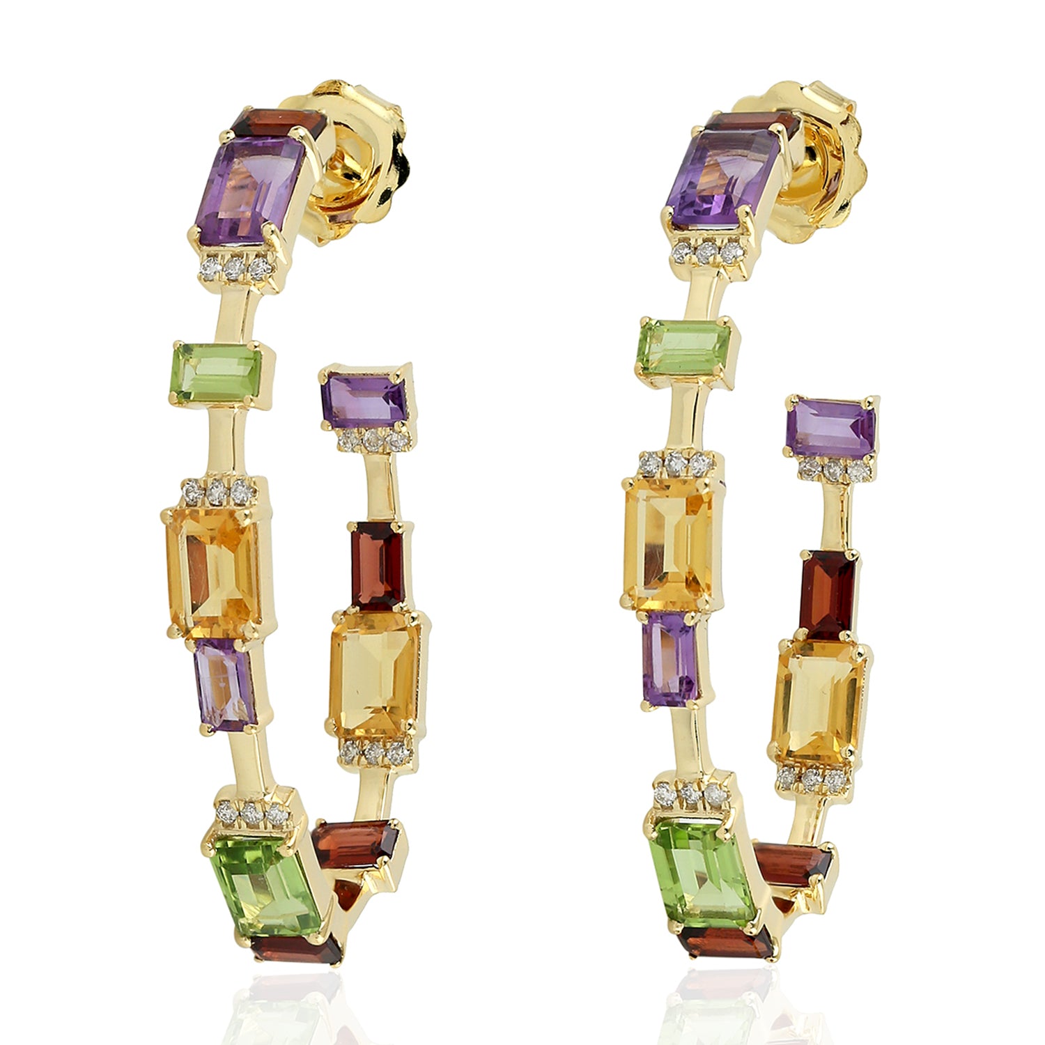 Baguette Cut Garnet & Amethyst Multi-Gemstone Yellow Gold Hoop Earrings | Elegant Statement Jewelry for Parties, Weddings & Special Occasions