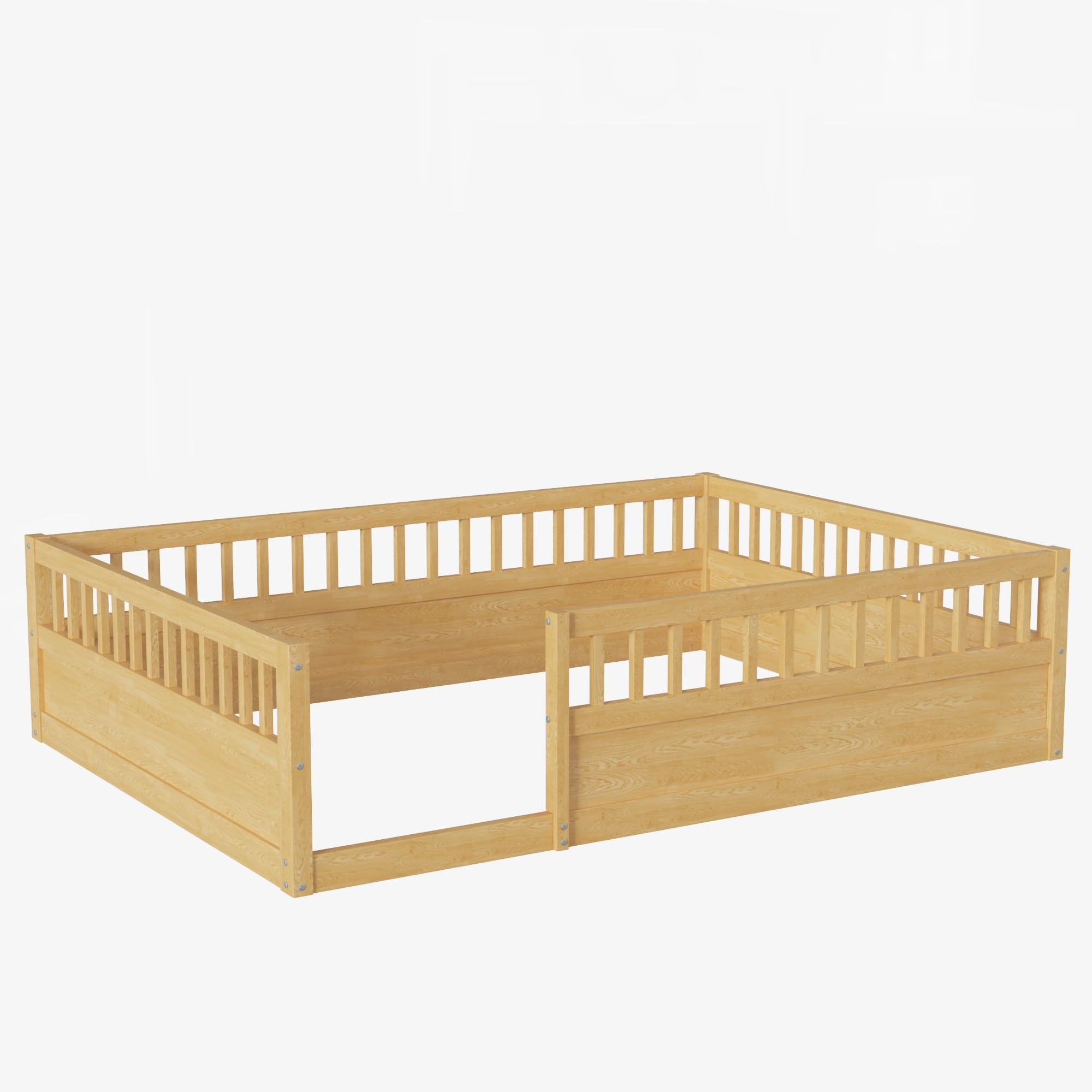 Montessori Floor Bed for Kids - Full Size Wooden Playhouse Bed with High Safety Railings for Toddlers, Boys & Girls - Natural Finish - Perfect for Montessori Rooms, Playrooms & Safe Sleep Spaces