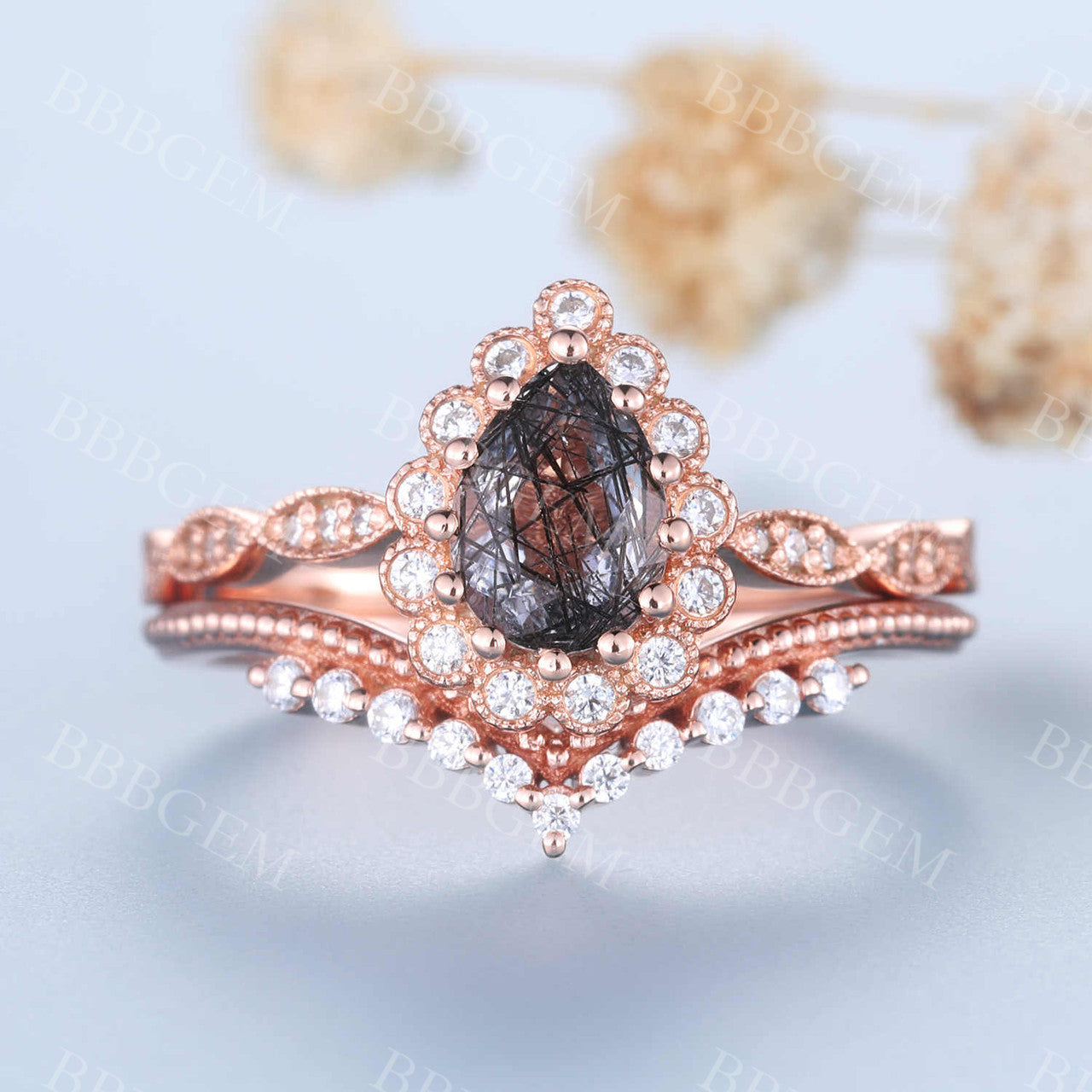 Pear Shaped Black Rutilated Engagement Ring - Rose Gold Diamond Wedding Band with Black Gemstone | Anniversary Gift for Her | Perfect for Proposals, Weddings & Special Occasions