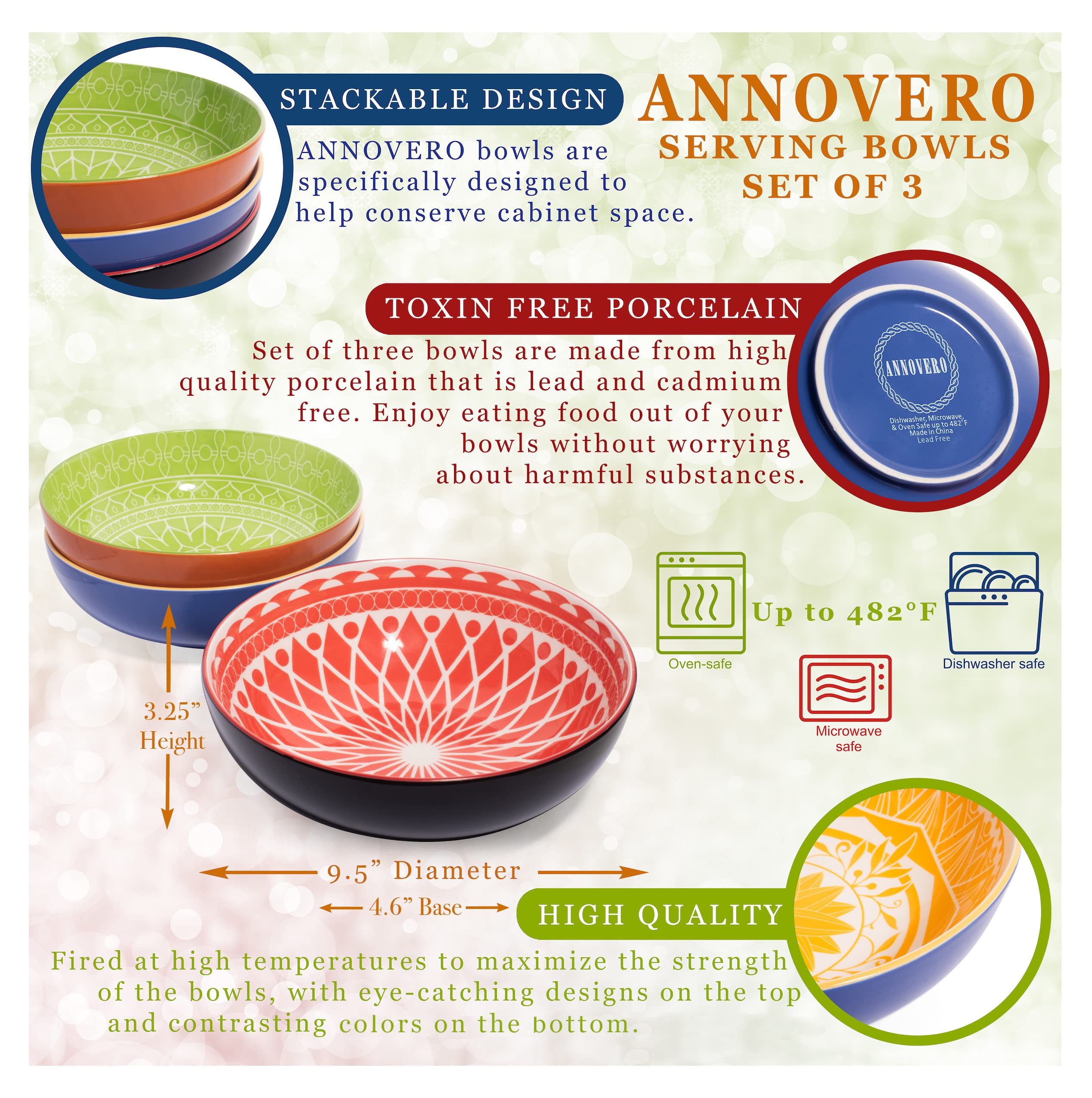 Annovero 12-Piece Colorful Porcelain Dinnerware Set - Microwave & Dishwasher Safe Serving Bowls & Dinner Plates for Everyday Meals, Entertaining & Special Occasions