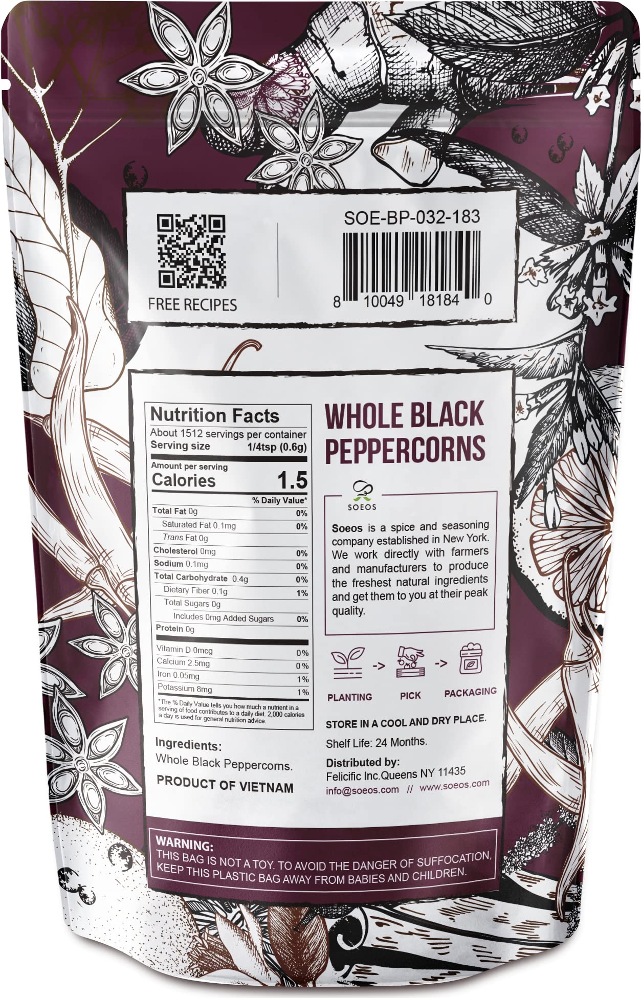 Premium Soeos Whole Black Peppercorns 32oz - Non-GMO, Kosher Certified, Freshness-Sealed Packaging - Perfect for Pepper Grinder Refill & Gourmet Cooking - Ideal for Steaks, Salads, Soups & Home Kitchen Use