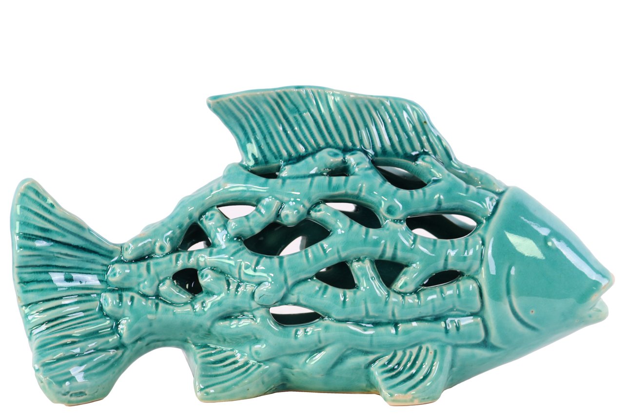 Ceramic Fish Figurine with Holes and Coral Side Design - Small Glossy Turquoise Home Decor for Bathroom, Aquarium, or Office Desk