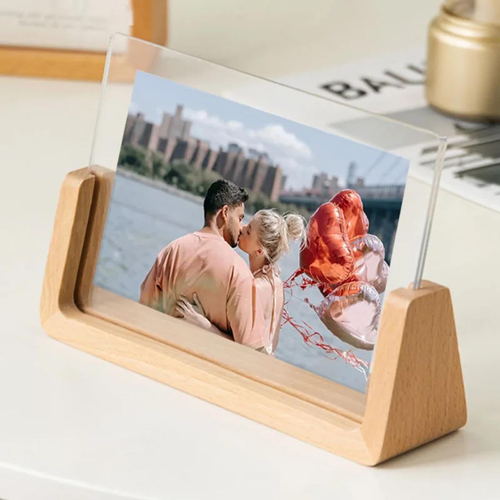 Wooden Desktop Photo Frame - U-Shaped Rustic Picture Frame with Clear Acrylic Plate for Home & Office Decoration | Perfect for Displaying Family Photos, Wedding Pictures, and Artwork on Desks, Shelves, or Nightstands