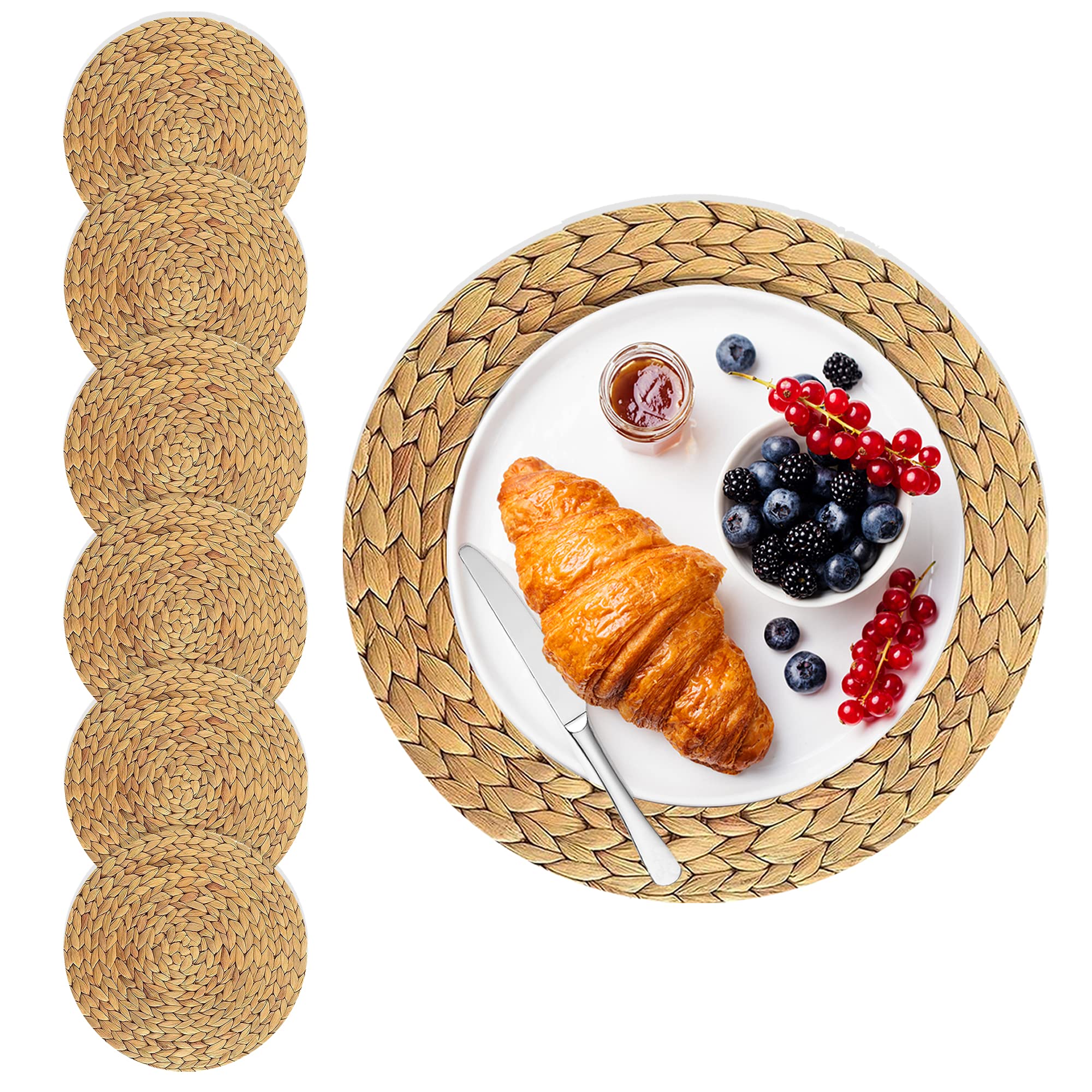 Eco-Friendly 13-Inch Round Woven Placemats Set of 6 - Hand-Braided Natural Water Hyacinth Rattan Place Mats for Dining Table - Perfect for Farmhouse, Boho & Coastal Home Decor