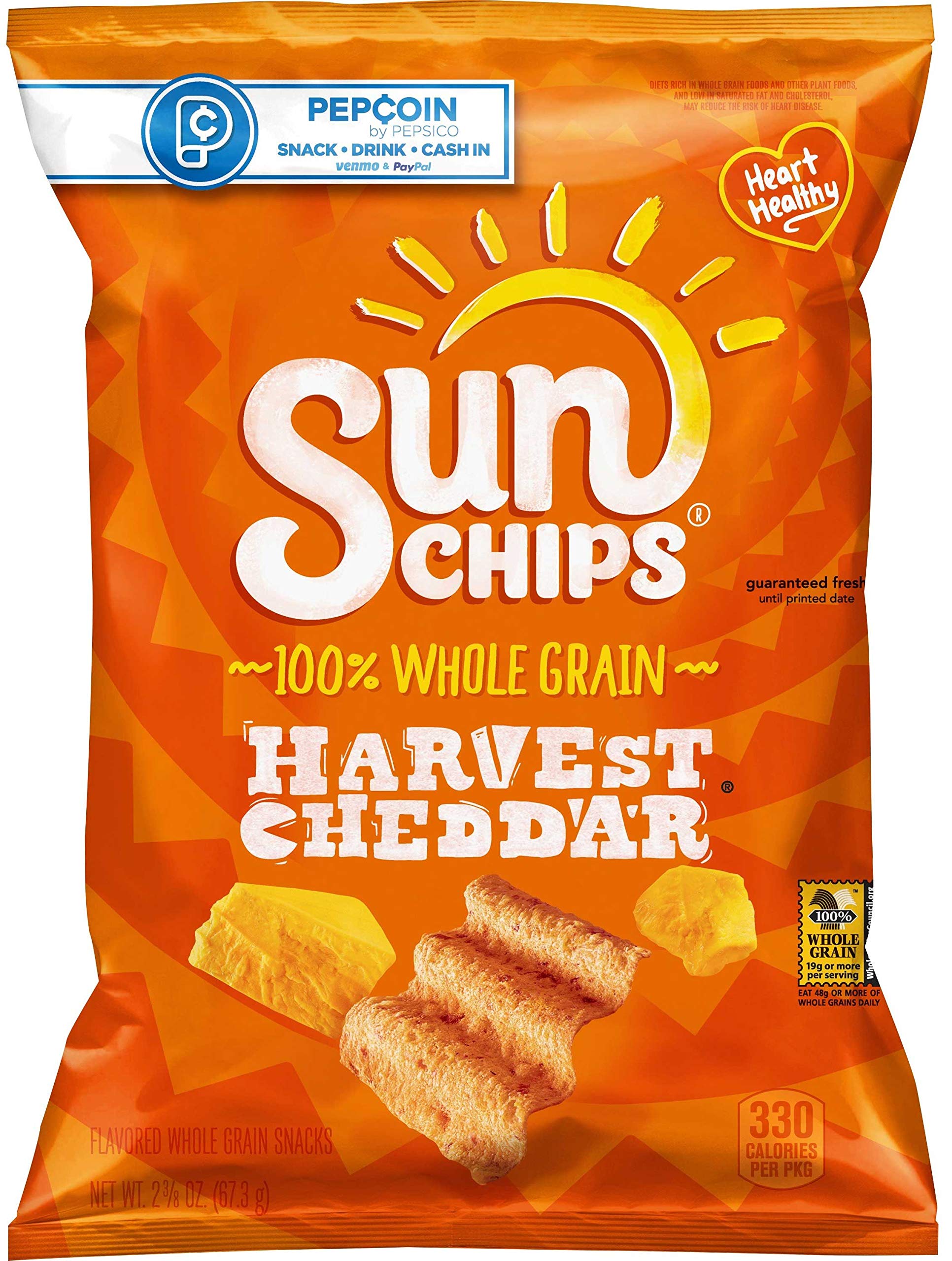 Sunchips Whole Grain Harvest Cheddar Snacks, 2.375 Oz (24 Pack) - Healthy Baked Chips for Parties, School Lunches & On-the-Go Snacking