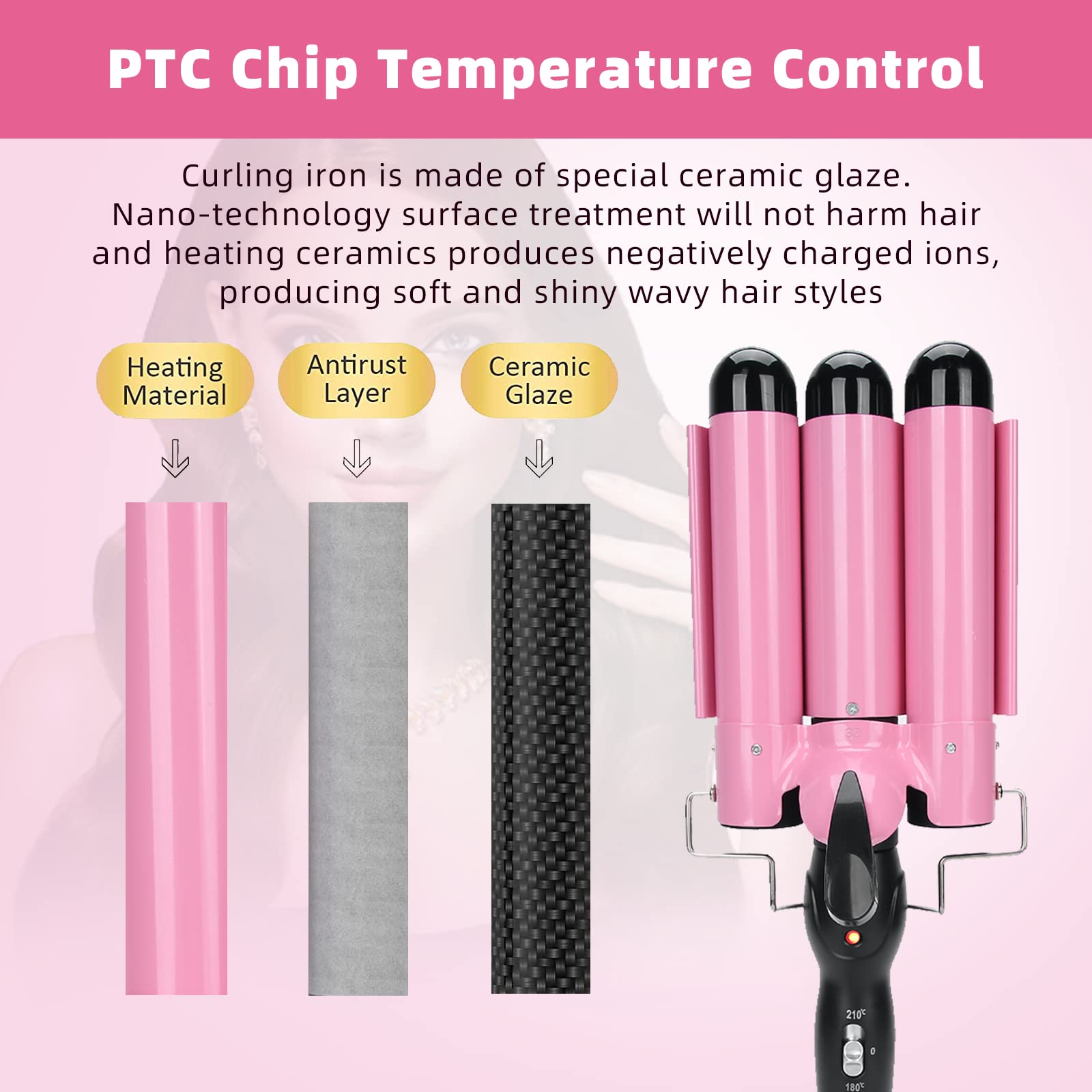 3 Barrel Curling Iron Wand - 32mm Hair Curler for Short & Long Hair, Waver Crimper Styling Tool with Ceramic Technology | Perfect for Beach Waves, Party & Wedding Hairstyles